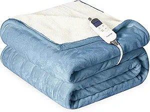Heat Blanket 62”x84” Twin Size,Soft Flannel & Sherpa Reversible Electric Blanket with 10 Heat Settings,12 Timer Setting and 8 Hours Auto-Shut Off,ETL Certified Machine Washable,Light Blue