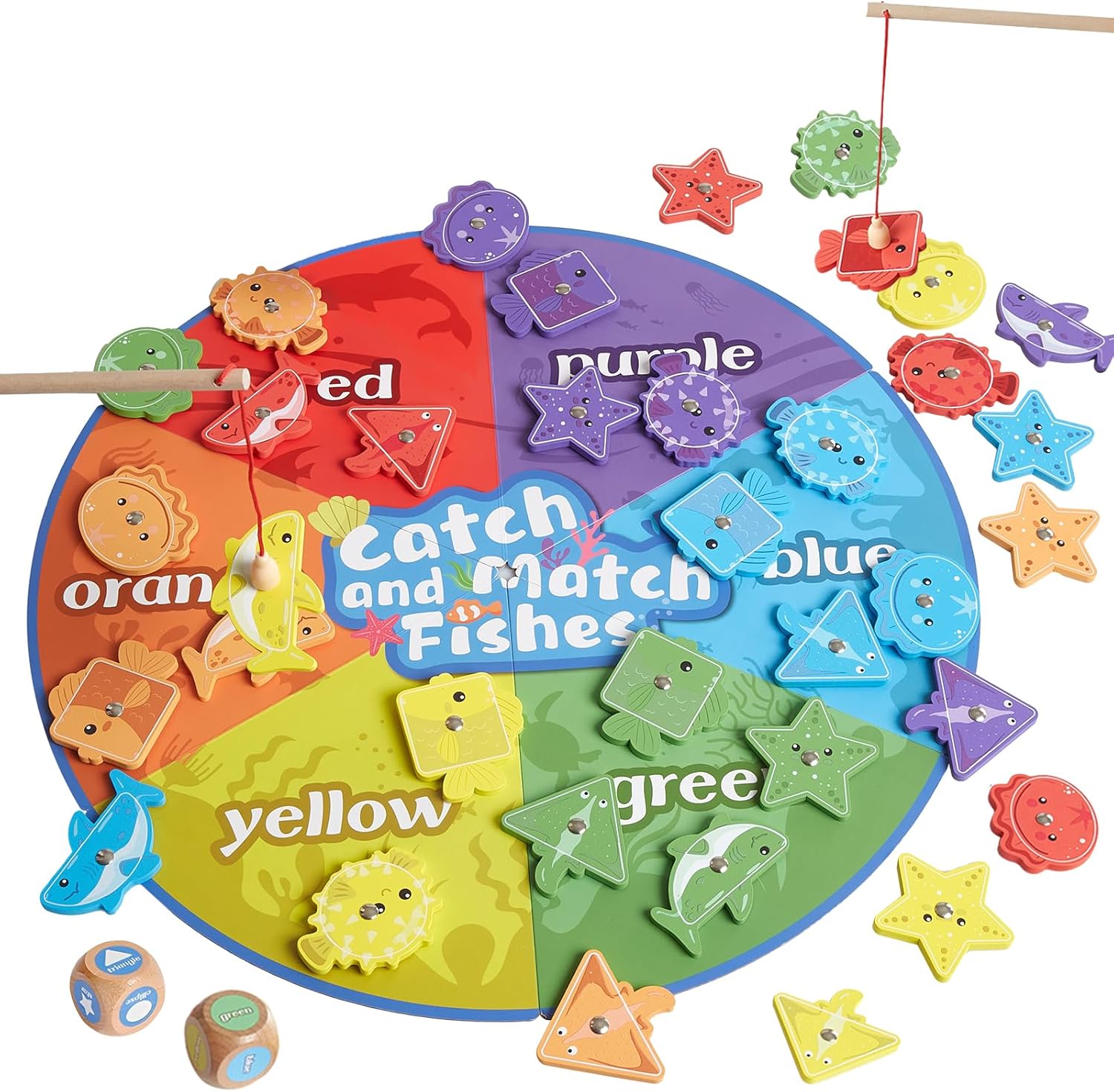 Wooden Montessori Fishing Game for Toddlers, Fine Motor Skill Toy for Kids, Color Sorting Shape Recognition Preschool Educational Magnetic Toys for Boys Girls Age 3+