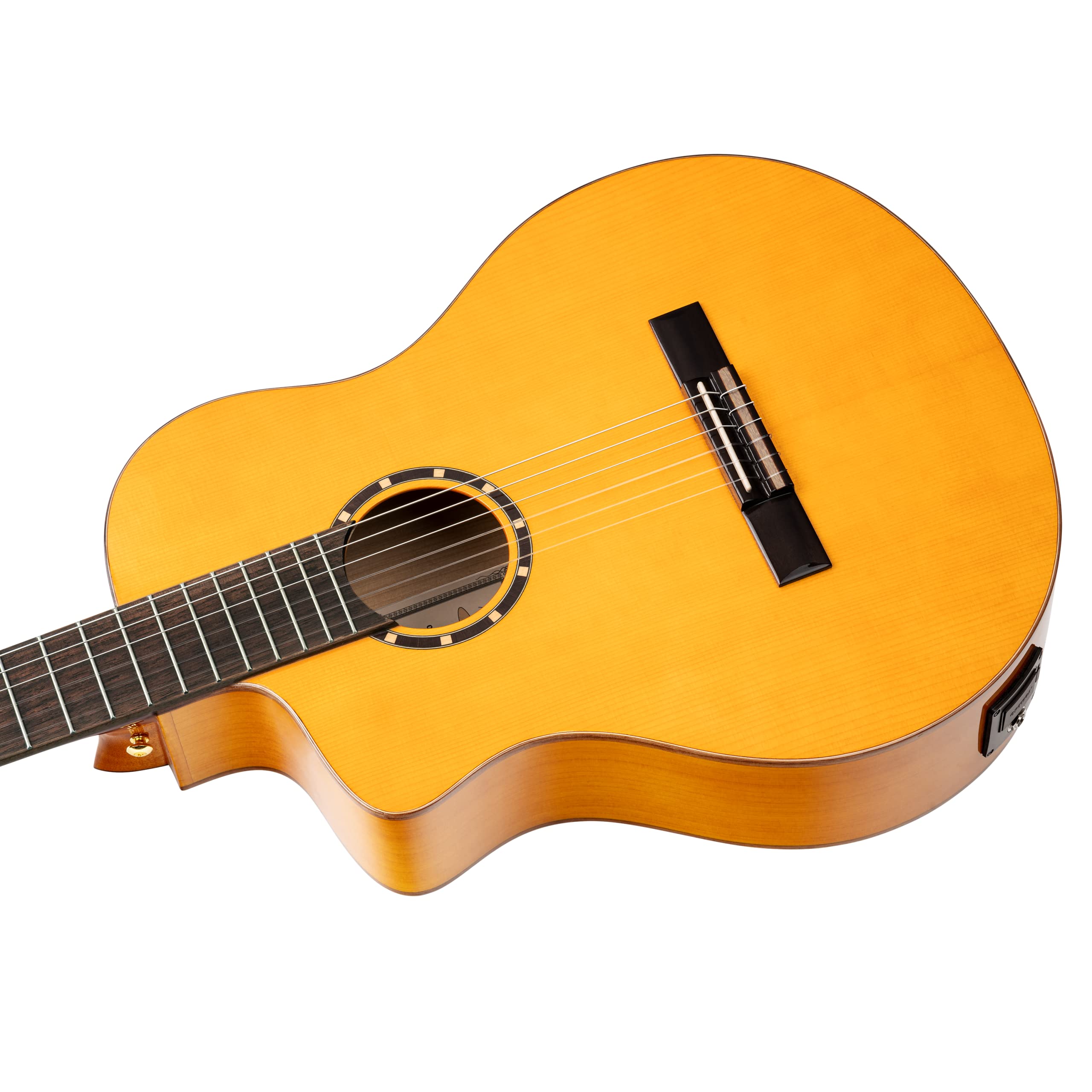 Ortega Guitars Family Series Pro - Guitarra flamenca para zurdos, tamaño 4/4, electroacústica, pícea y ciprés con acabado brillante, color amarillo – Incluye funda (RCE170F-L)