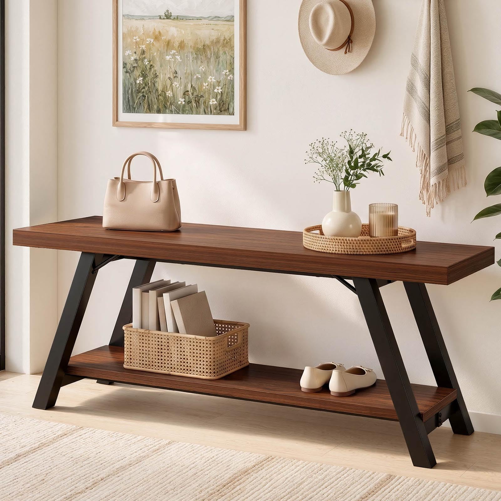 LVB Bank Moderne Aufbewahrungsbank für Schlafzimmer Holz-Metall Bank für Flur Esszimmer Wohnzimmer Bauernhaus Schuhregal Innen Akzent-Sitzbank für Diele Eingang Nussbaum 120cm