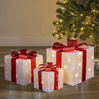 Taylor & Brown Set of 3 Light Up Boxes Gift Parcel Lights Indoor Xmas Decorations for Tree Battery Powered with 50 Warm White LED Lights, White Flash Cloth with Red Ribbon