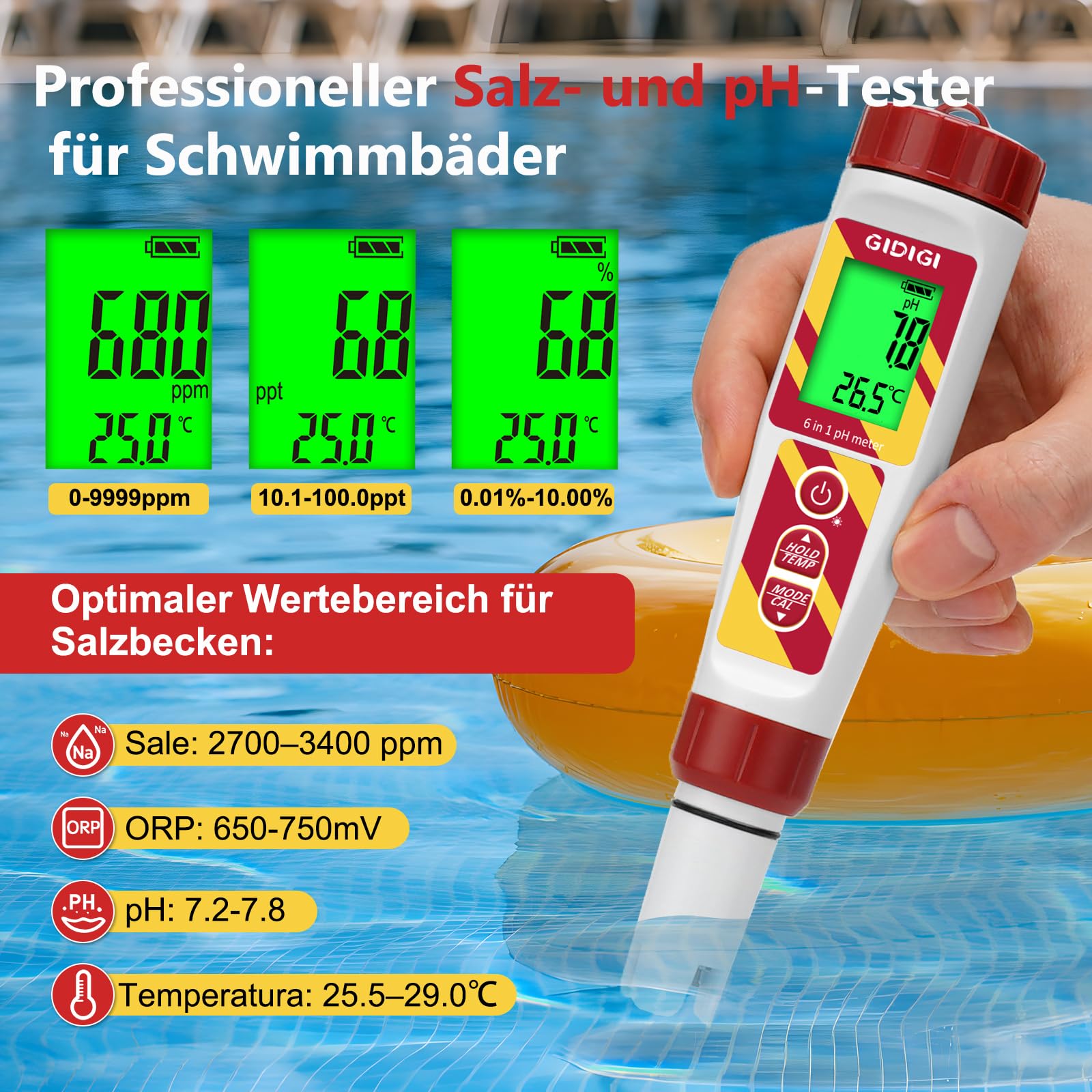6-in-1 Digitaler Wasserqualitätstester für Pools und Hydrokulturen, pH/ORP/TDS/EC/Salzgehalt/Temperatur mit ORP-Kalibrierlösung, für Aquarien, Trinkwasser, Brauen