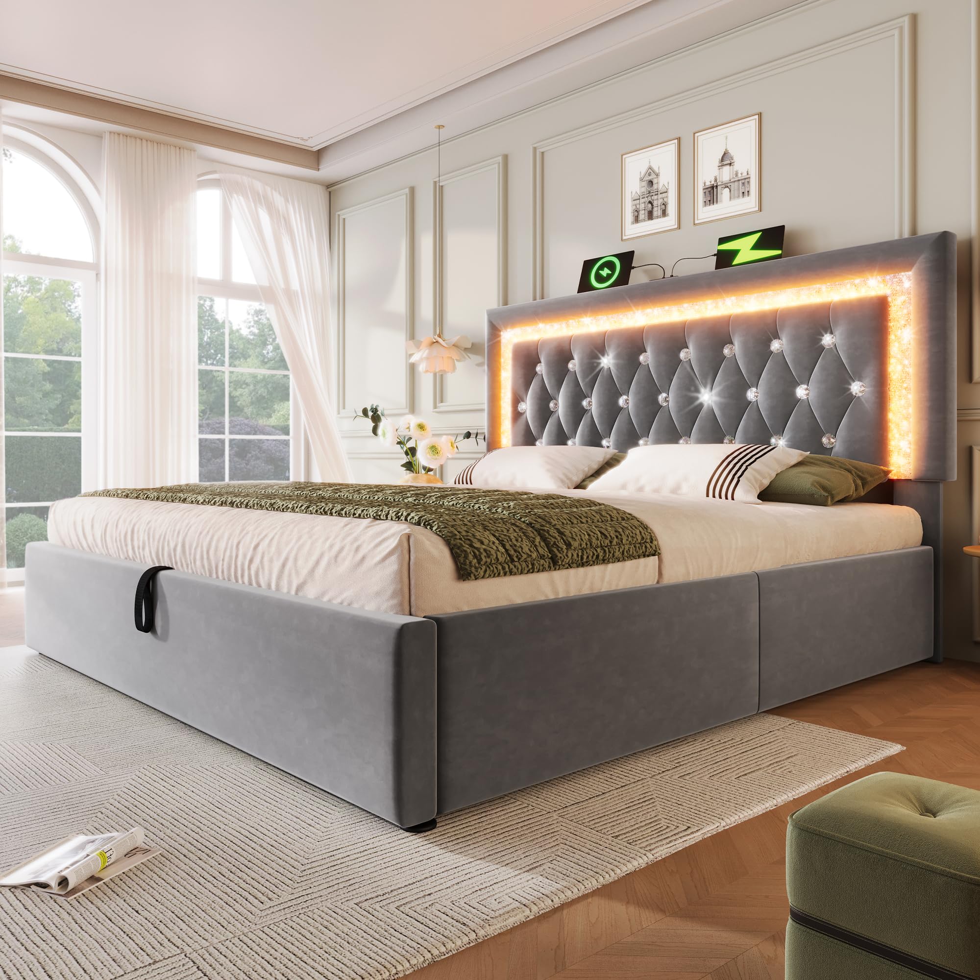 Łóżko tapicerowane 180 x 200 cm, aksamitne łóżko podwójne z paskami diamentowymi LED, stacja ładująca USB & Type-C, hydrauliczne łóżko do przechowywania, nowoczesne łóżko młodzieżowe ze