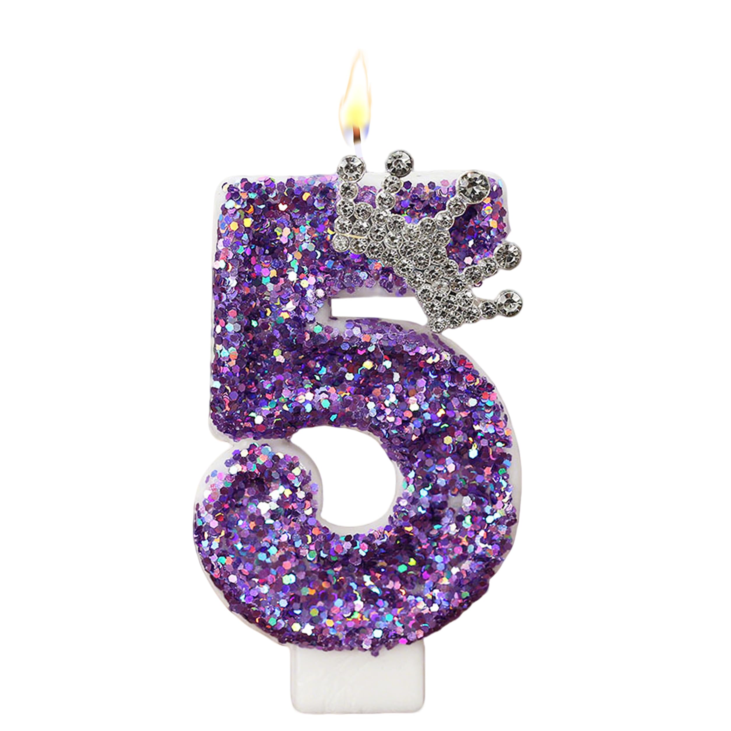 K Pop Number Birthday Candles, Glitter Crown Birthday Candles for Cakes Decoration, Stylish Kpop Music Themed Cake Topper for Girls Birthday Party Supplies & Anniversary (Holo Purple, Number 5)
