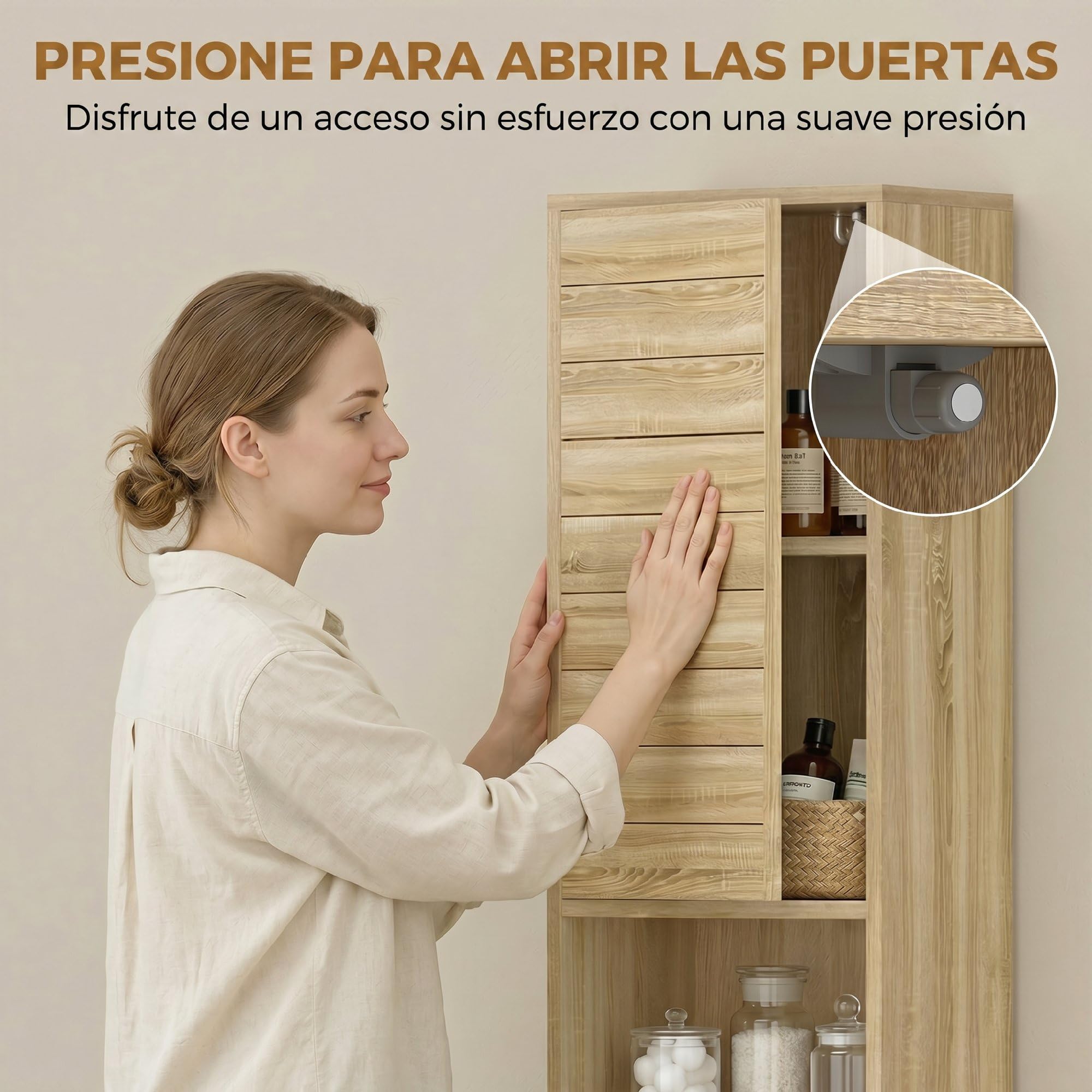 HOMCOM Armario de Baño Alto para Espacios Pequeños 34x23x170 cm Natural | Mueble Auxiliar de Baño Estrecho, Estantes Ajustables, Puertas de Lamas Apertura por Presión, Estantes Abiertos