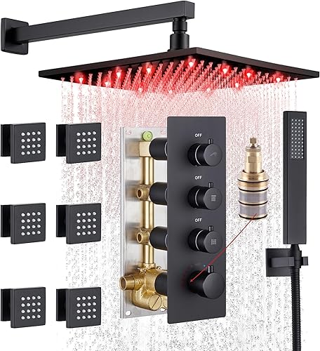 MONDAWE Sistema de ducha LED para baño, cabezal de ducha doble de lluvia de 12 pulgadas con rociador de asa, juego de ducha termostática de 3