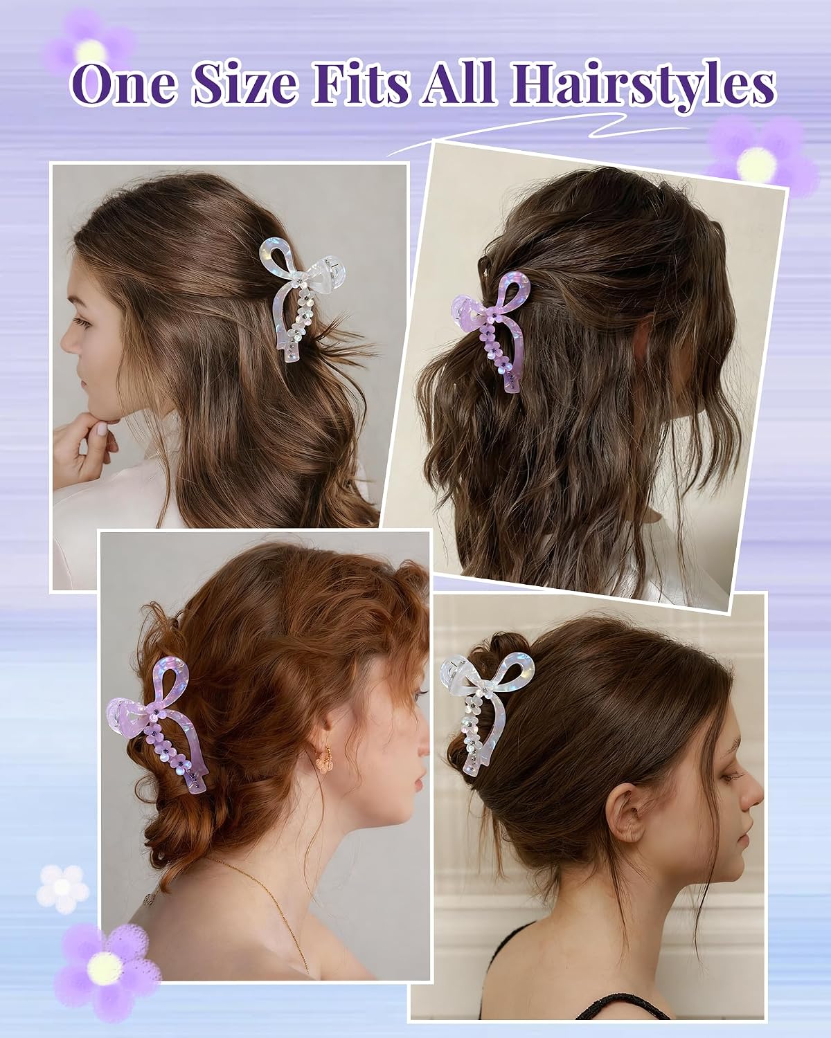 ACECHA 2 Pack Glitter Bow Claw Clip for Women - Cute Hair Bows Clips with Rhinestones and Flowers, Elegant Sparkly Wedding Party Hair Barrettes Accessories (Purple & White)