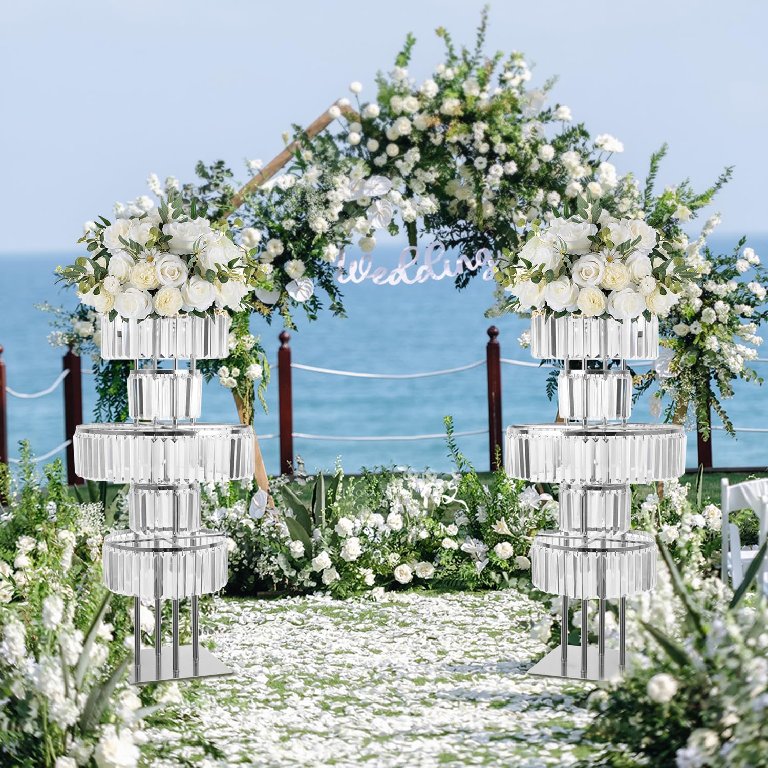 Large Crystal Vase for Centerpiece - Wedding Decor Flower Stand, Silver Metal Chandelier Stand with Crystal Pendants, Elegant Flower Display Rack for Party Event Home Wedding Decoration (Silver)