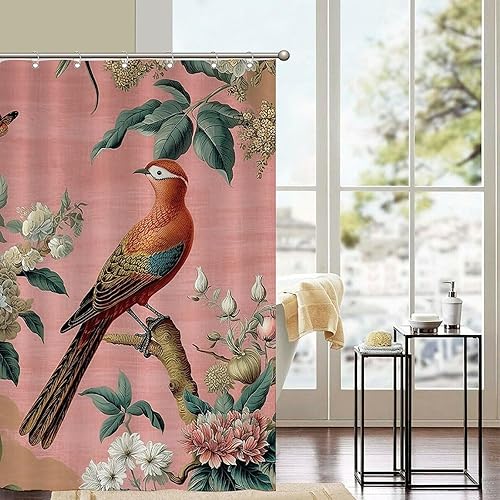 Miniatura 956 de Cortinas de ducha de baño con ganchos, 72 x 92 pulgadas, cortina de ducha de tela impermeable con diseño de flores y pájaros, cortina de ducha