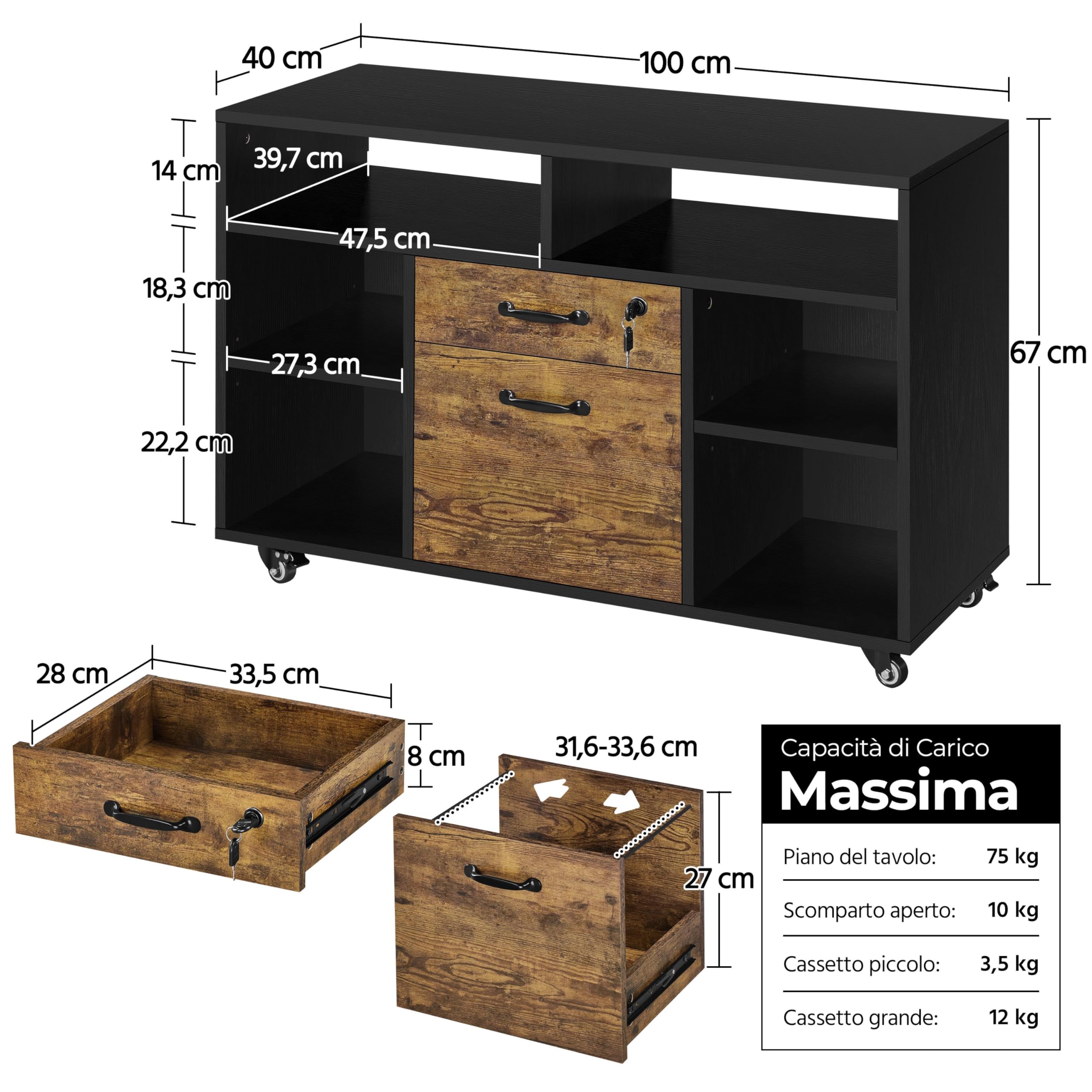 Yaheetech Caisson de Bureau avec 2 Tiroirs et 6 Casiers, Caisson de Rangement à 5 roulettes, Dossier A4 / Lettre Support pour Imprimante, 2 tablettes réglables Domicile Industriel,100×40×66,5 cm