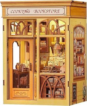 Cutefun Book Nook Kit - DIY Miniature Dollhouse Kit 3D Creative Decorative Bookend 3D Wooden Puzzle for Adults, Bookshelf Insert Library Decor with LED Light Cooking Bookstore