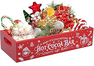 XZYDAQ Hot Cocoa Bar Christmas Decor Box, Red Wooden Storage Caddy with Handles, Hot Chocolate Bar for Storage Caddy Chocolate Coffee - Classic Christmas Decor for Home Office (Red-Built-in Handles)