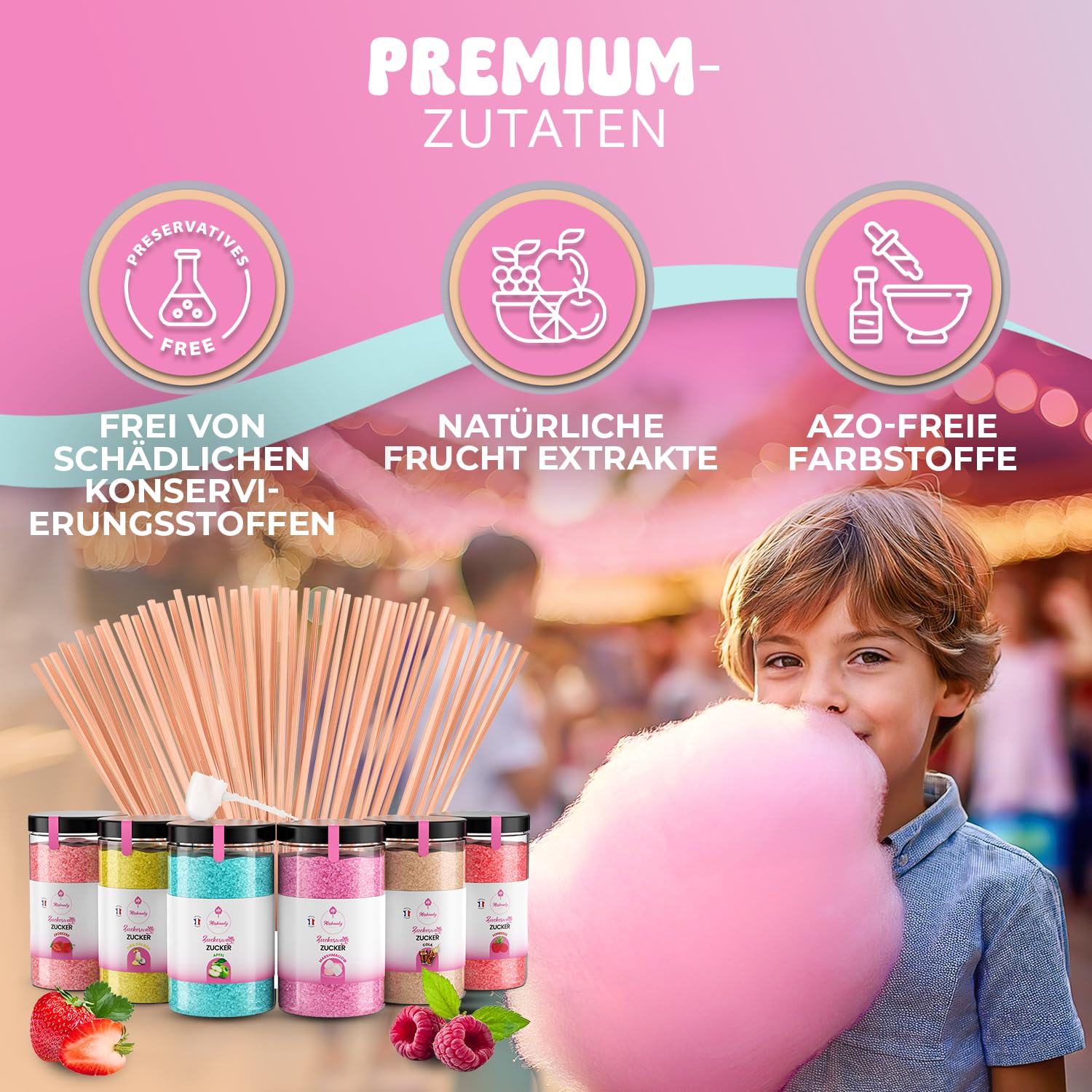 Misskandy®, Zuckerwatte Zucker (Natürliche Aromen und Farbstoffe) / set (6 * 300Gr): Erdbeere/Piña Colada/Apfel/Marshmallow/Cola/Himbeere/zucker für zuckerwattemaschine /+ 50 Stäbchen