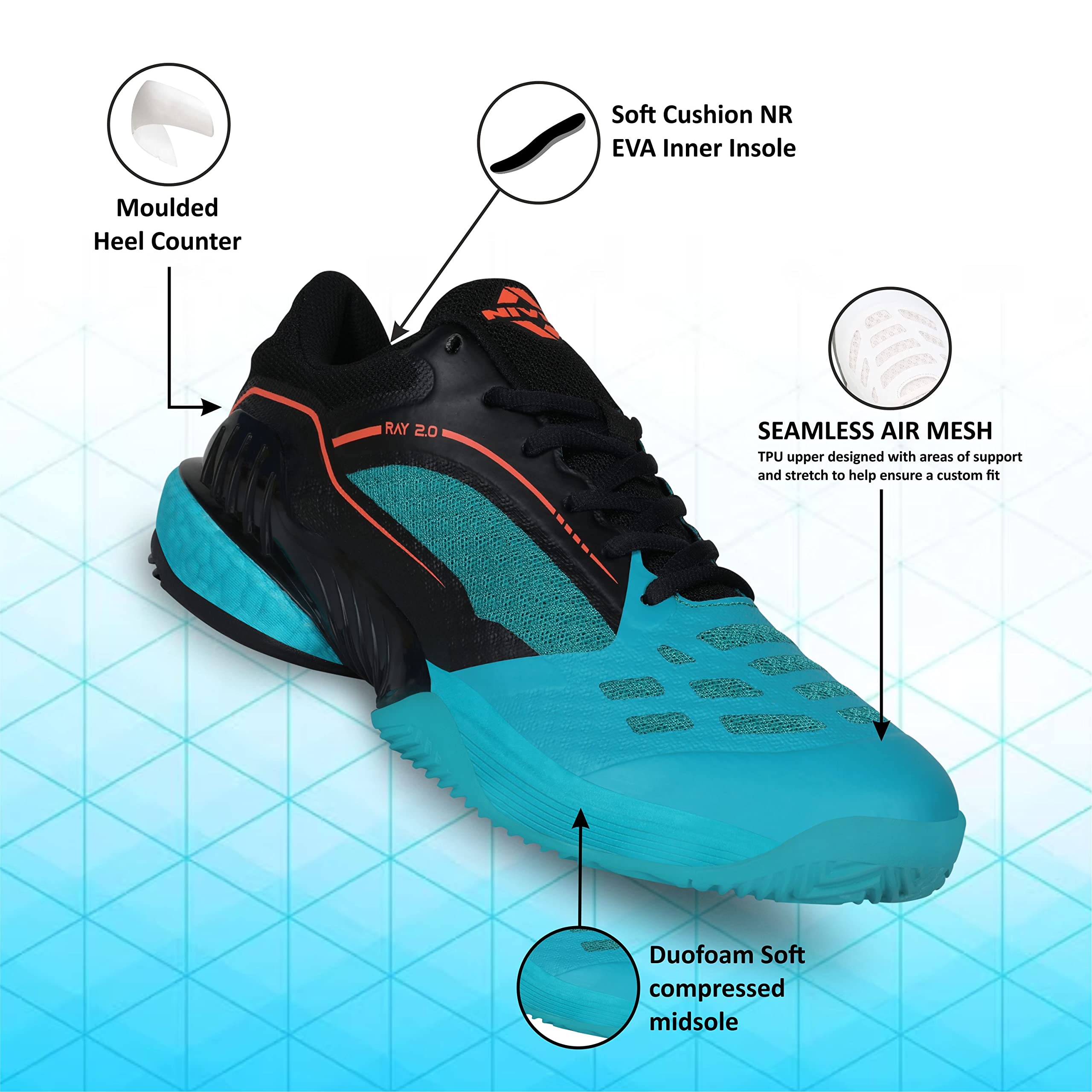 Nivia RAY 2.0 Tennis Shoes for Men | High-Performance Court Footwear | Non-Marking Court Shoes for Tennis and Athletic Performance | Tennis Court Sports Shoes | (Turquoise/Black) | Size UK06 2