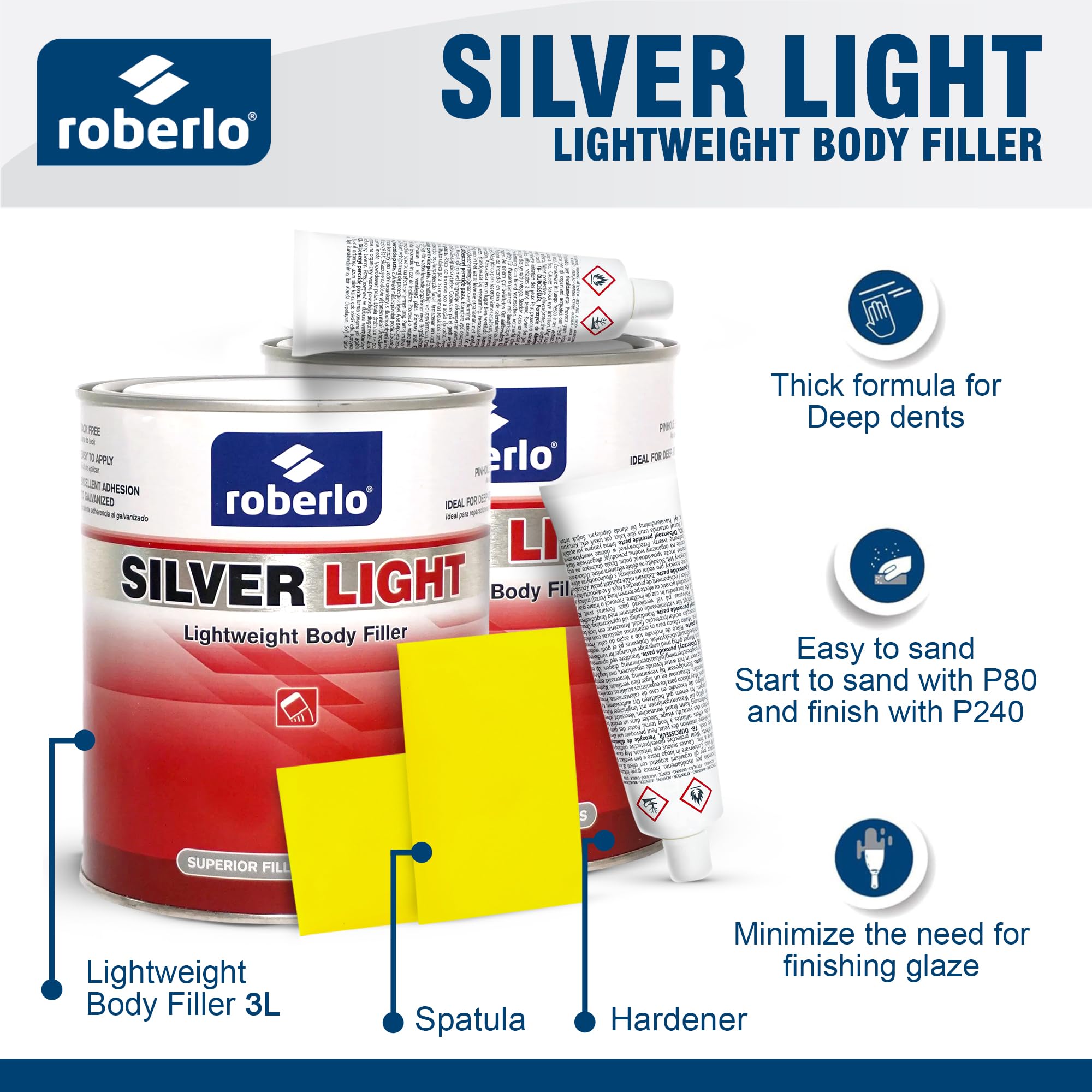 Roberlo Silver Light Lightweight Body Filler – Ultra Lightweight & Paintable for Car Repairs – Adheres to Fiberglass, Metal, Plastic & More – Ideal for Dents, Holes & Rust – 2 x 3L + Hardener