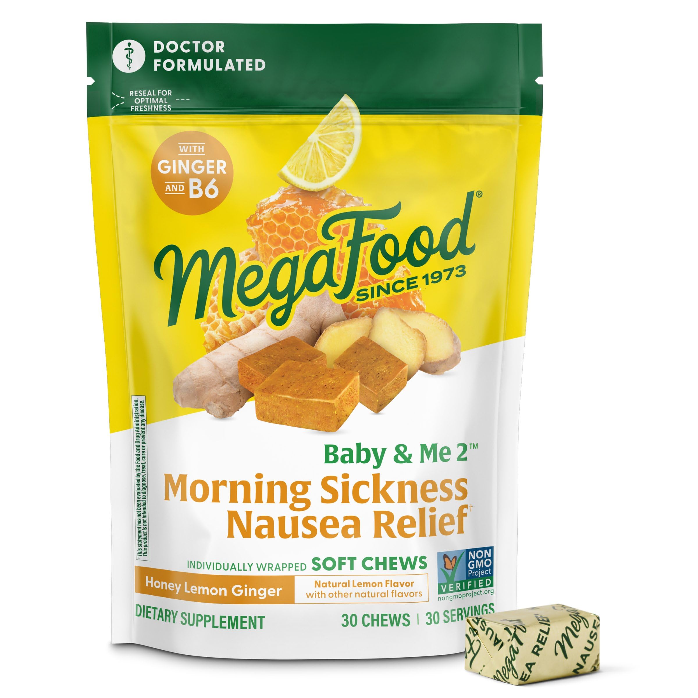 MegaFood Baby & Me 2 Prenatal Morning Sickness Relief Soft Chews -With Real Ginger and Vitamin B6 - Vegetarian - Made Without 9 Food Allergens - Honey Lemon Ginger Flavor - 30 Chews