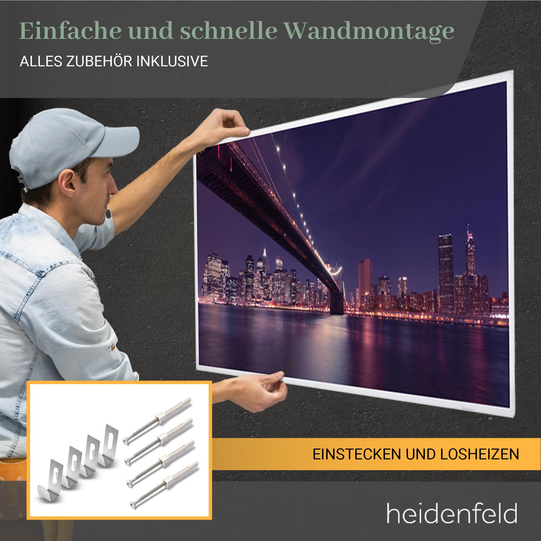 Heidenfeld Infrarotheizung HF-HP105 1000 Watt Bis 25 m² Infrarot Heizkörper Elektroheizung mit Thermostat