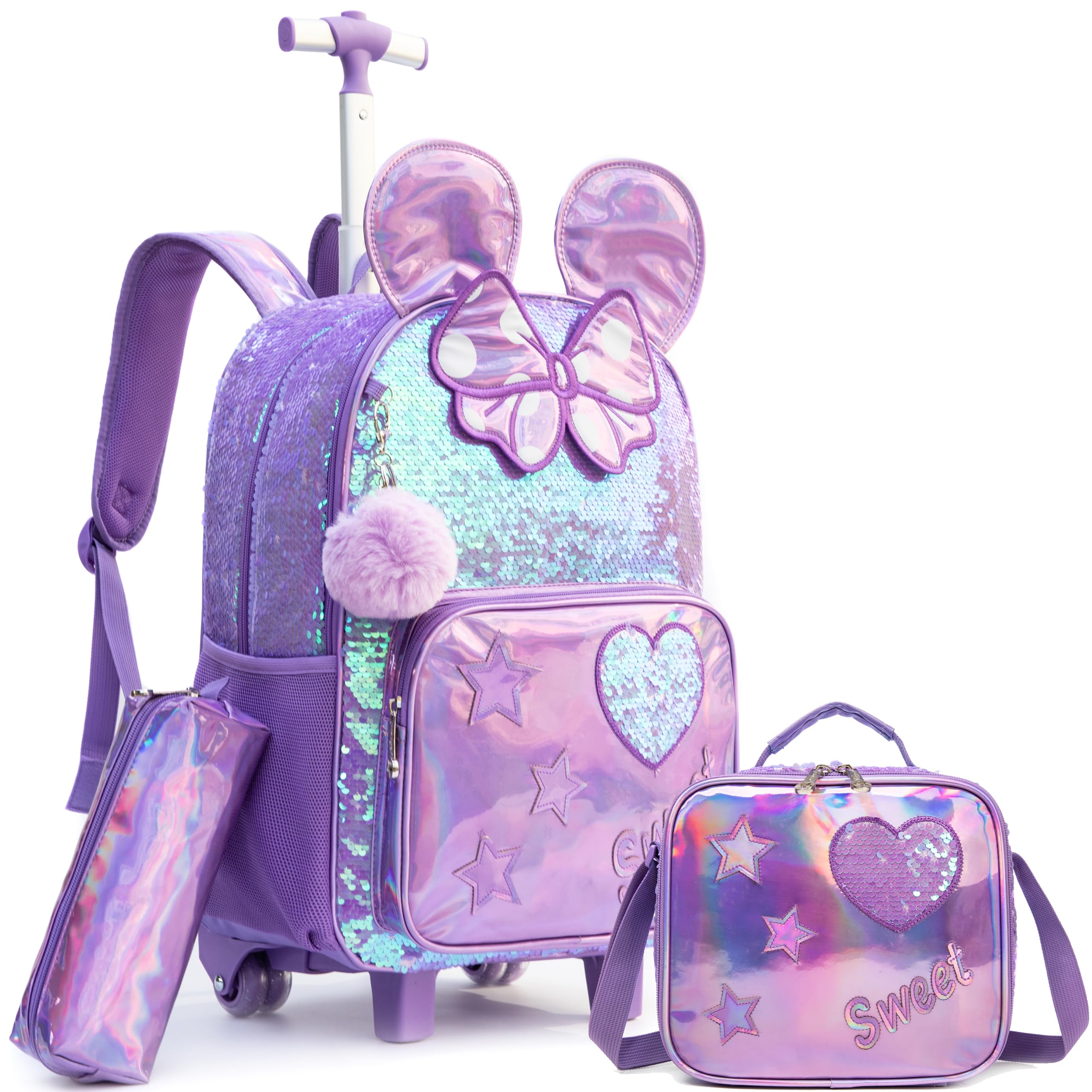 HTgroce 3pcs Zaino Scuola Bambino Trolley,Zaino Trolley Zainetto Ragazza Con Ruote Regolabile Pull Rod per Scuola Viaggio
