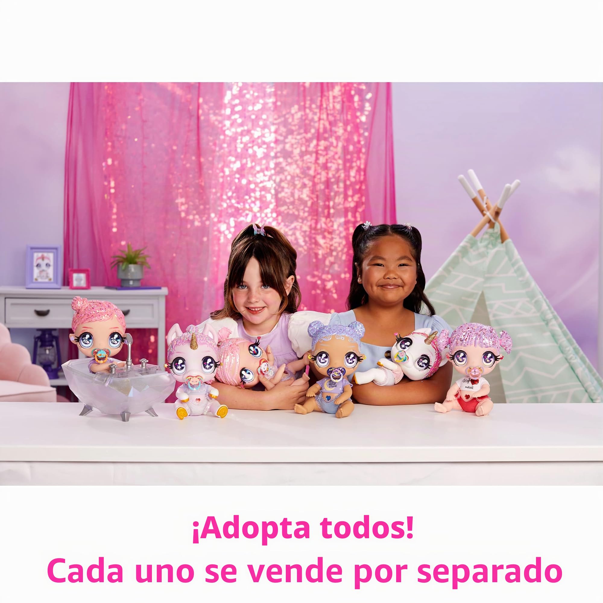 Glitter Babyz, MGA Unicorn Baby Muñequita, LUNITA Sky, con Cambio de Color, Camiseta Believe in Yourself, Botella de champú y Chupete, Edad a Partir de 3 años, White Rainbow