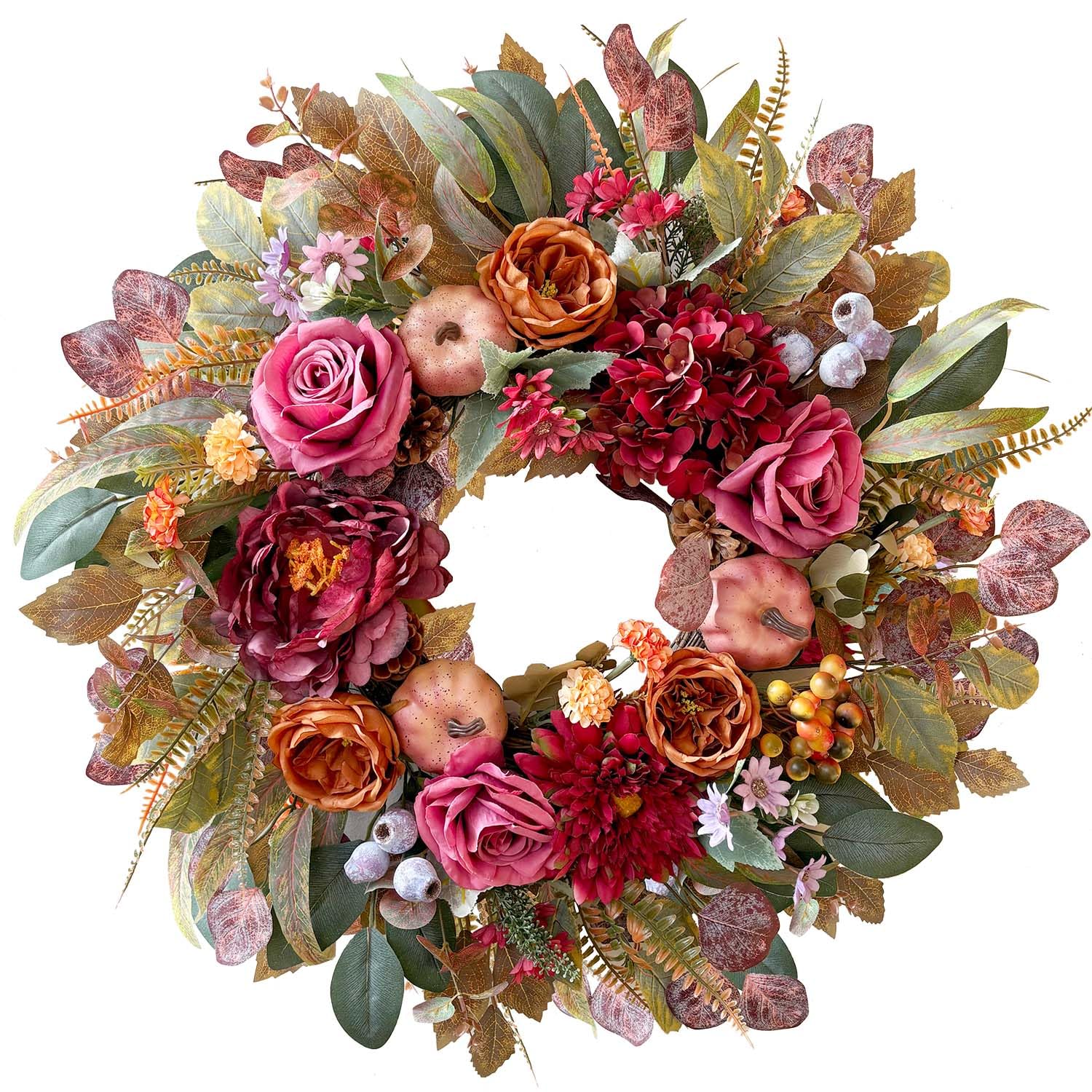 WANNA-CUL 24" Fall Floral Wreath with Roses, Dahlias, Hydrangeas & Pumpkins