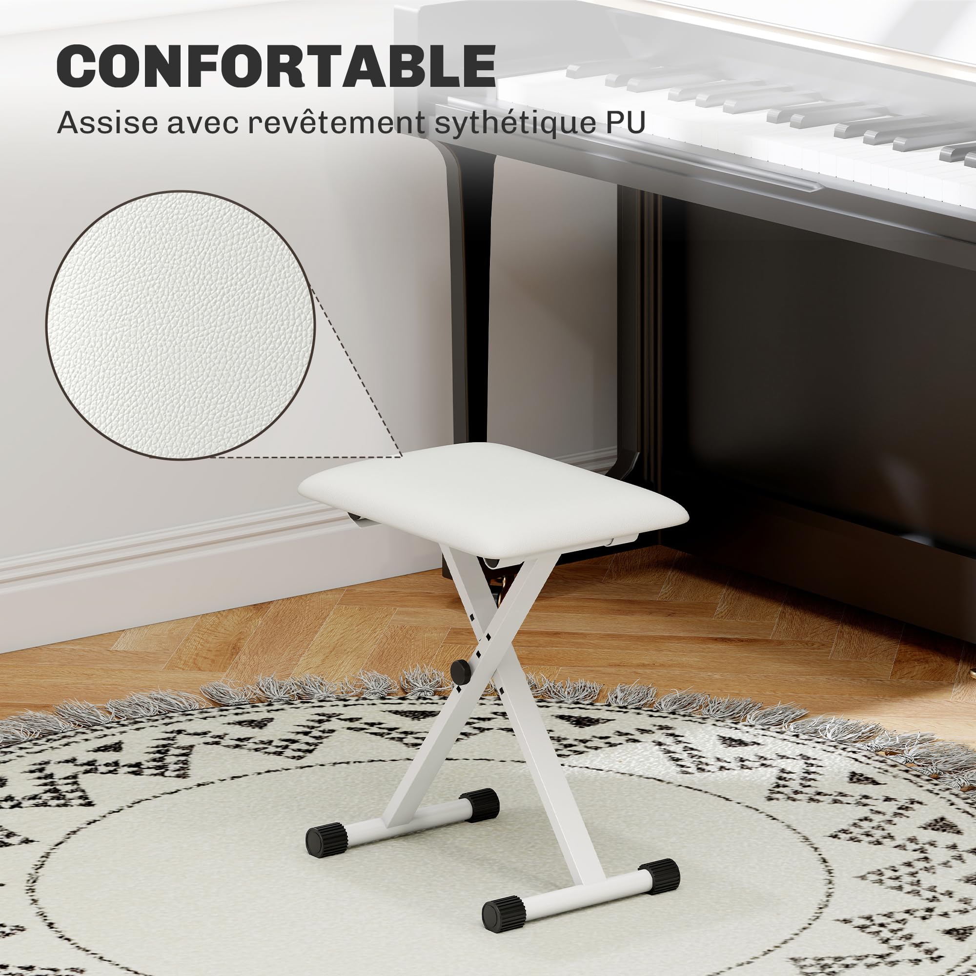 HOMCOM Tabouret Piano Pliable, Banc Piano réglable en Hauteur de 37 à 47 cm, siège rembourré en PU et Pieds en métal antidérapants, Charge 100 kg, Blanc