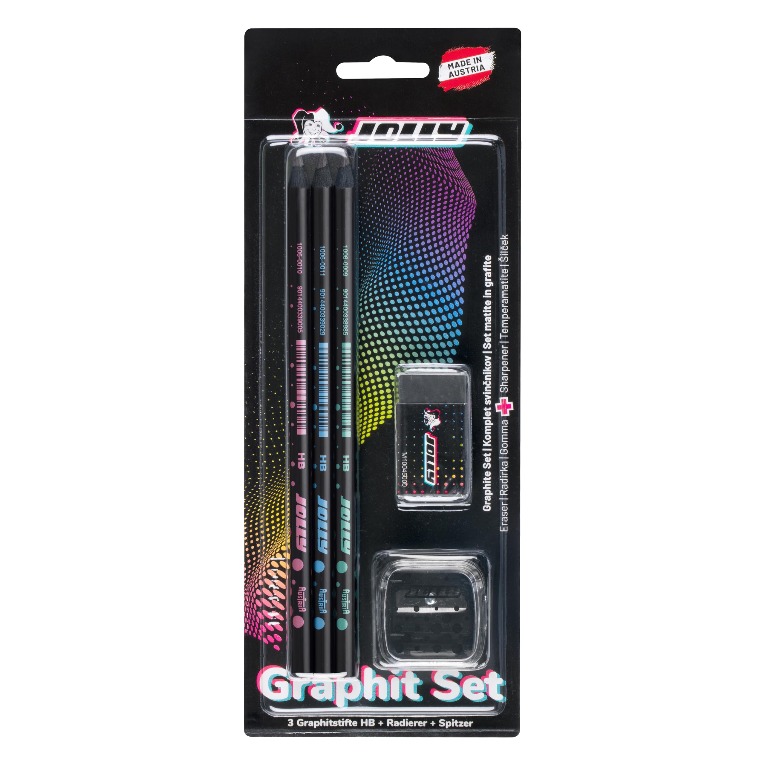JOLLY Next Generation Graphite Set of 3 Graphite Pencils HB Black Wood Round Pen Shape with Subtle Design Including Black Eraser and Sharpener