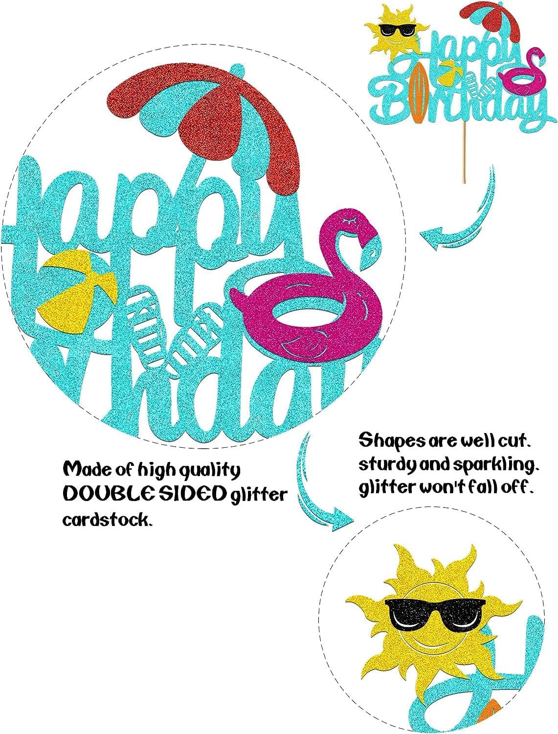 Sommer Strand 'Happy 8th Birthday' Cake Topper | Blaue Glitzer-Deko Für Geburtstagsparty | 11 Zoll