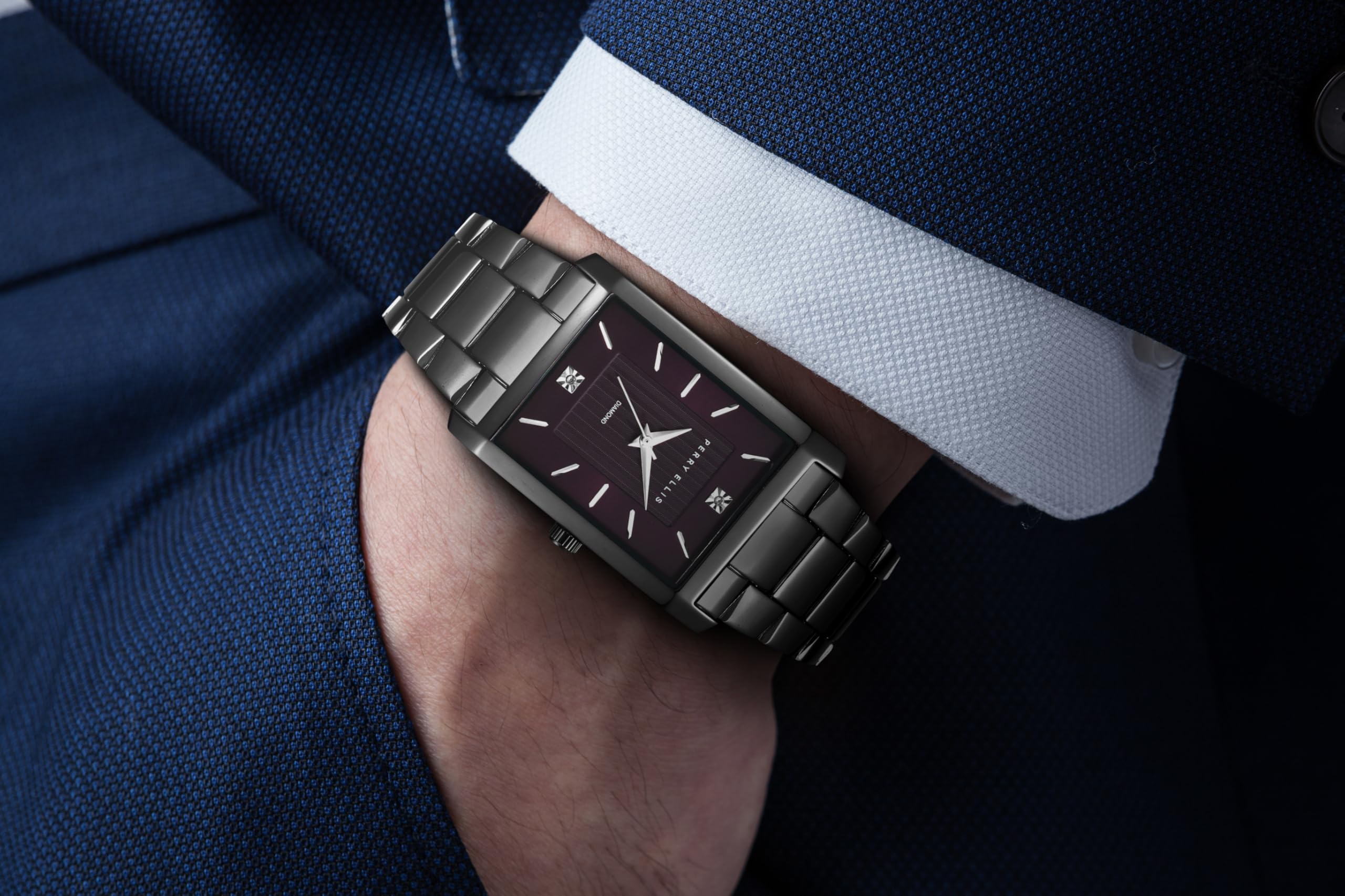 Perry Ellis Men's Watch – Rectangular Silver-Tone, Dark Blue Textured Dial with Diamond Accents, Silver Faceted Indexes, Stretch Bracelet, Quartz Analog Fashion Accessory - 3
