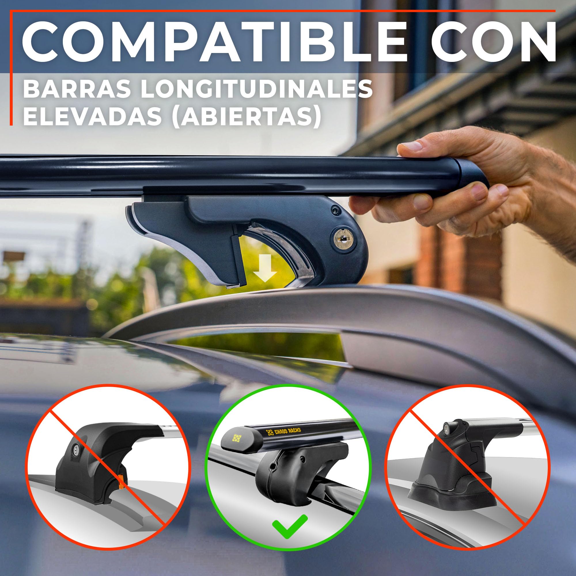 Chaos Racks | Baca Coche Universal para Raíles Abiertos; Barras de Techo; Transporta de Forma Segura Cofre de Techo, Portabicicletas y Escalera; Construcción de Aluminio Ligera y Resistente; 120 cm