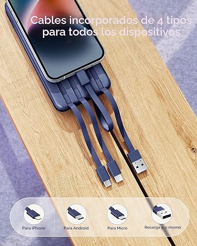 Miniatura 2 de charmast Cargador portátil con cables incorporados, banco de energía con cables, batería delgada de viaje de 10000 mAh, 6 salidas 3 entradas 3 A, C