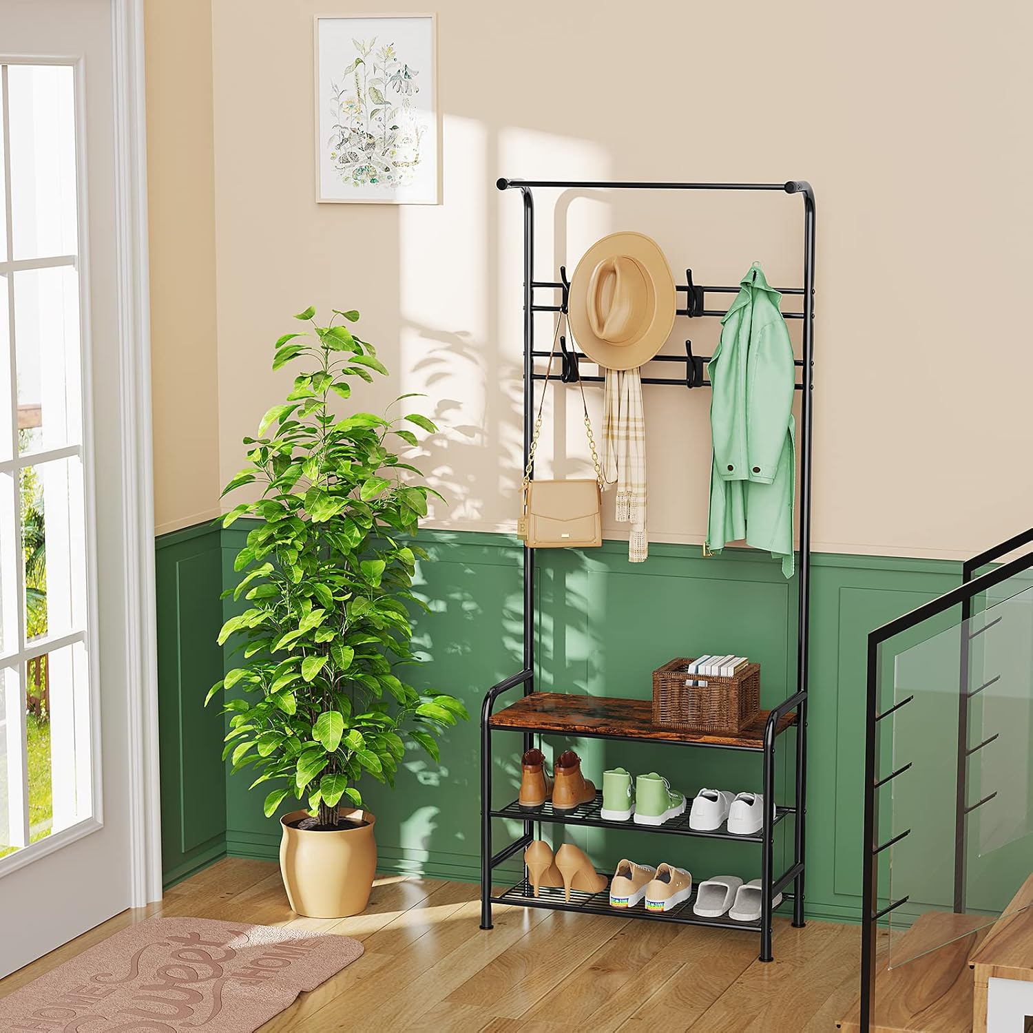LEHOM 3-in-1 Hall Tree, Entryway Coat Rack with Shoe Bench and Shoes Organizer Shelves,70" Coat Tree Stand for Mudroom, Hallway, Foyer, Industrial Accent Furniture with Metal Frame and Removable Hooks