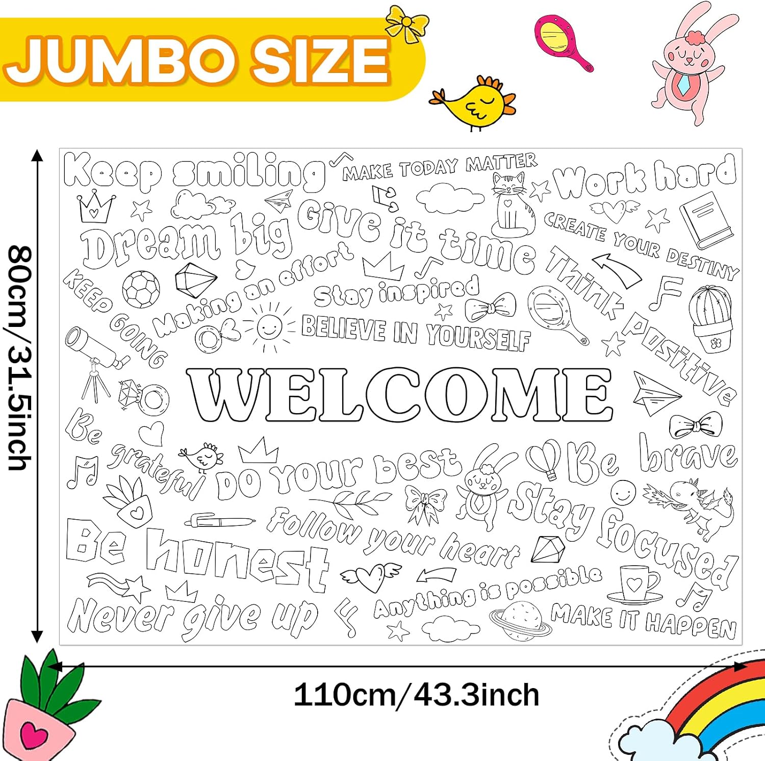 Positive Affirmations Coloring Poster Giant Welcome Inspirational Coloring Poster Large Big Coloring Tablecloth Sheet Jumbo Coloring Page Book for Home Birthday Party Supplies Favor