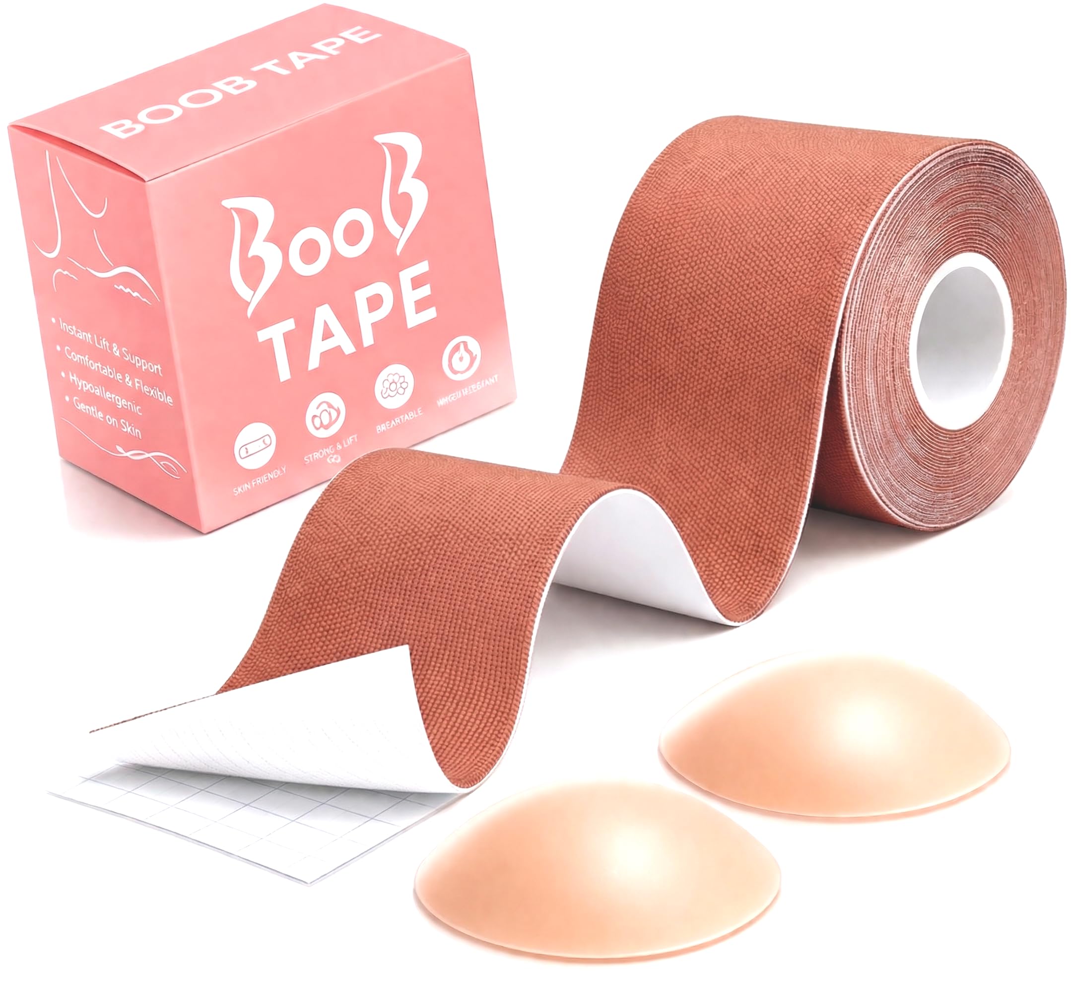 INTELLIGRON Boob Tape, Bob Tape for Large Breasts, Self-Adhesive Strapless Boobtapes with 2 Pcs Nipple Covers, 5M Stretchable Longer Roll, Perfect to Stick on Bra, Kinesiology Tape