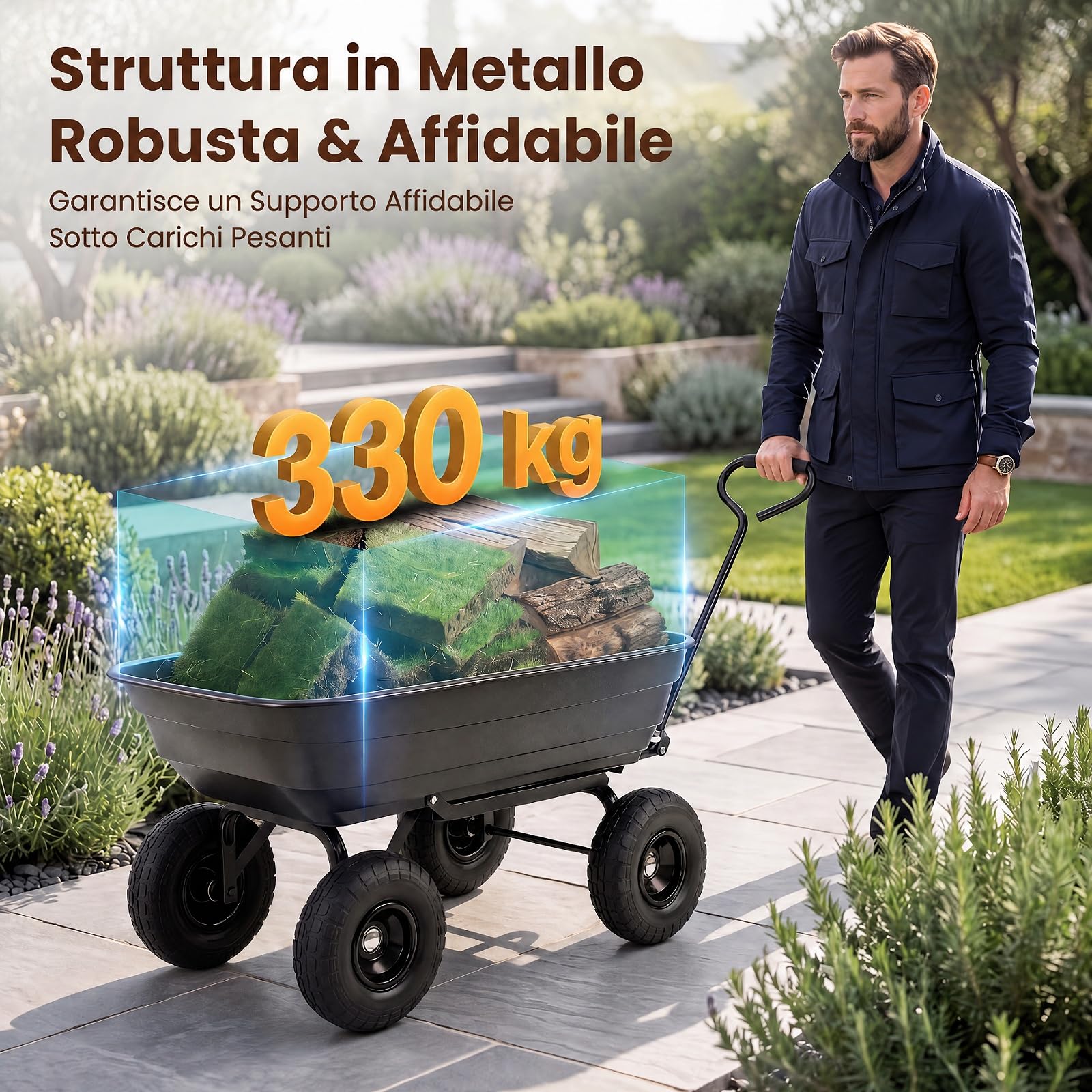 GYMAX Carrello da Giardino Ribaltabile 75 L, Portata 300 kg