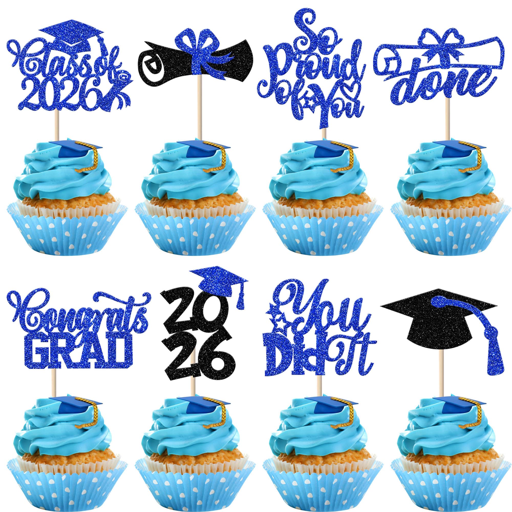 Xsstarmi 40 Pack Congrats Grad Cupcake Toppers Glitter So Proud of You Dit It Grad Cap Cupcake Picks Diploma Done Cake Decorations for Class of 2026 Graduation Party Supplies Blue