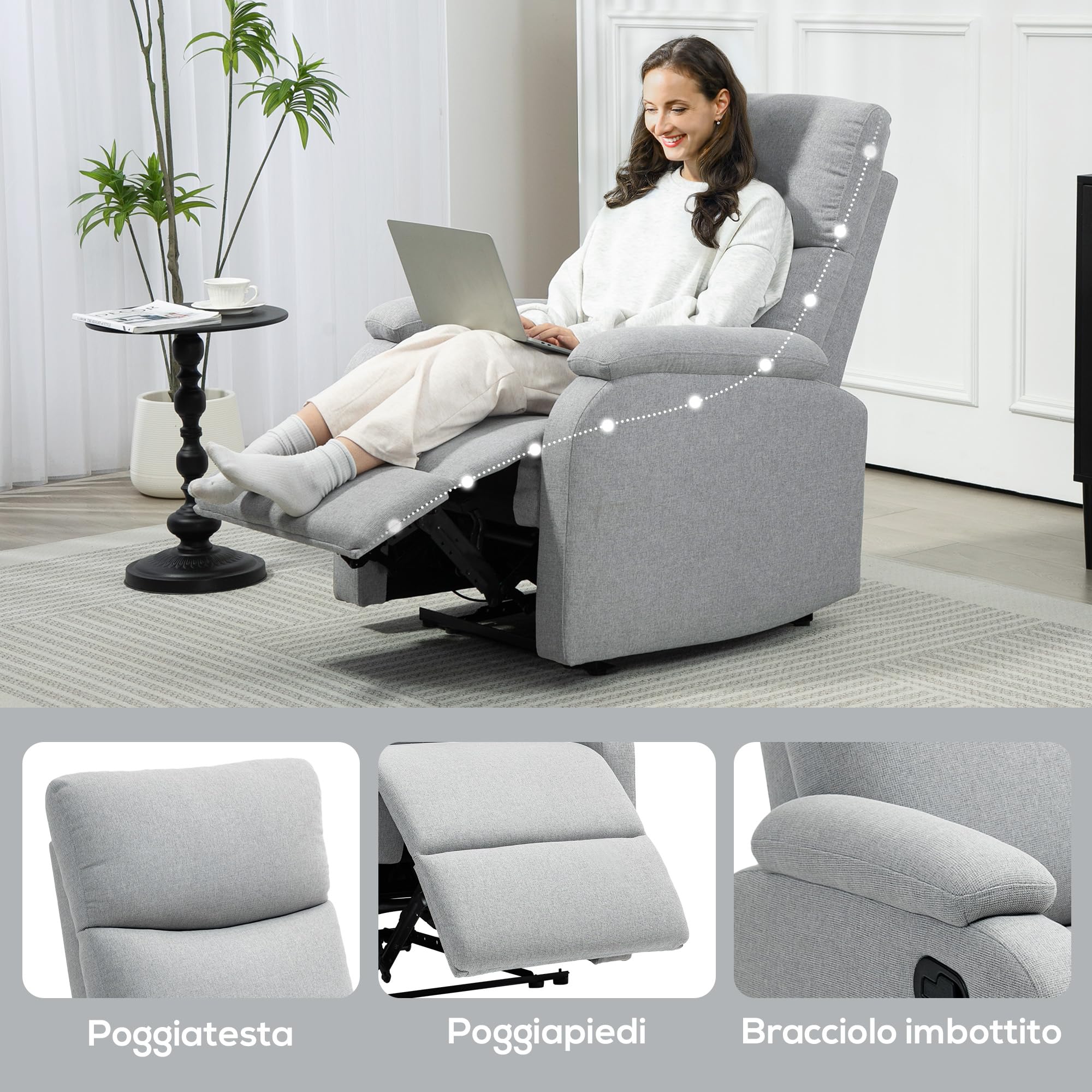 HOMCOM Poltrona Relax Reclinabile Manuale 60° con Poggiapiedi Grigio | Poltroncina Reclinabile , Schienale Imbottitura Spessa, in Tessuto, Camera da Letto, Salotto, Soggiorno