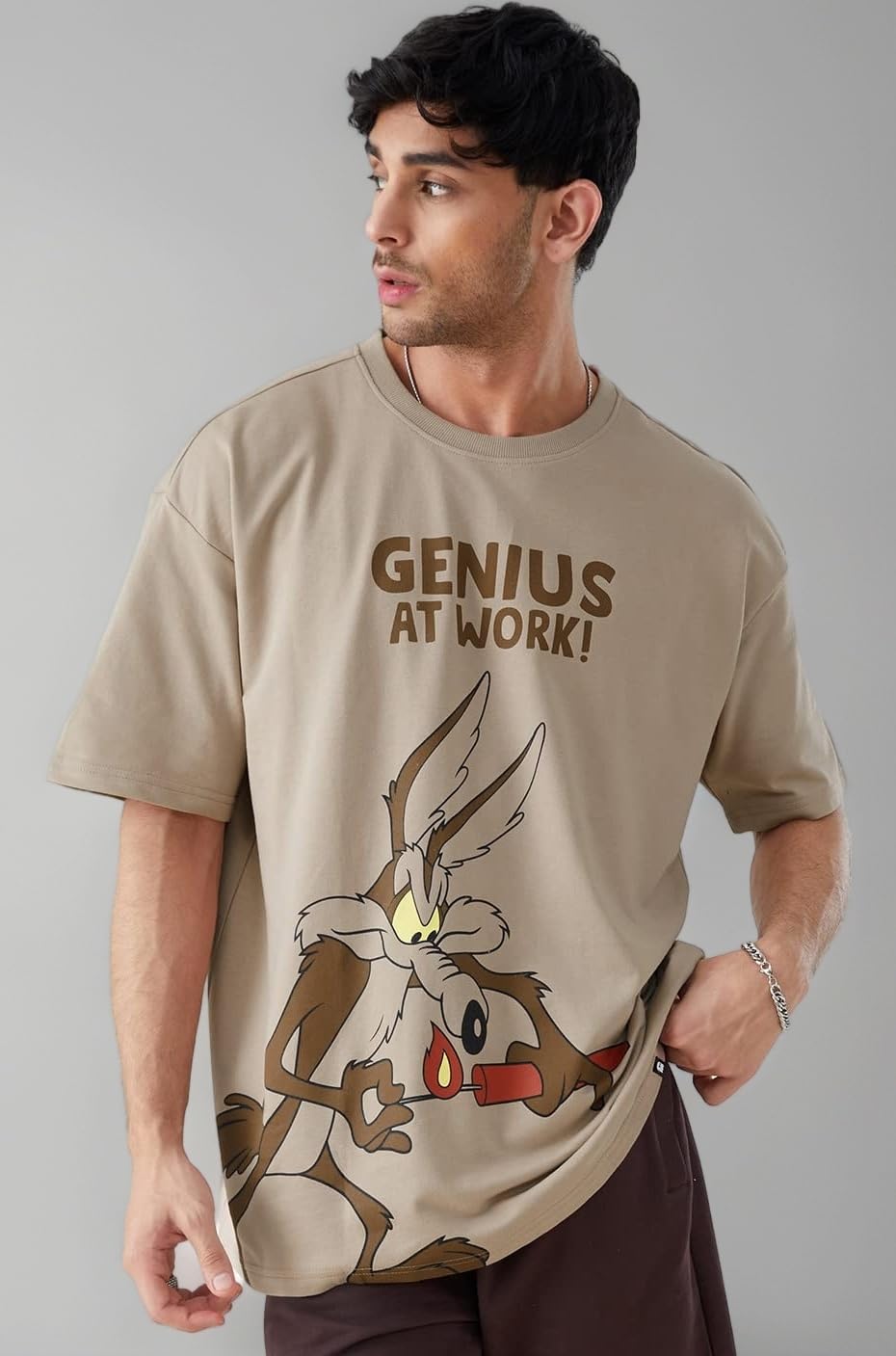 |Official Looney Tunes: Magic Mushroom Mens and Boys Oversized T-Shirts|Half Sleeve|Loose fit Graphic Printed| 80% Cotton 20% Polyester Brown Color Men Oversized T-Shirts