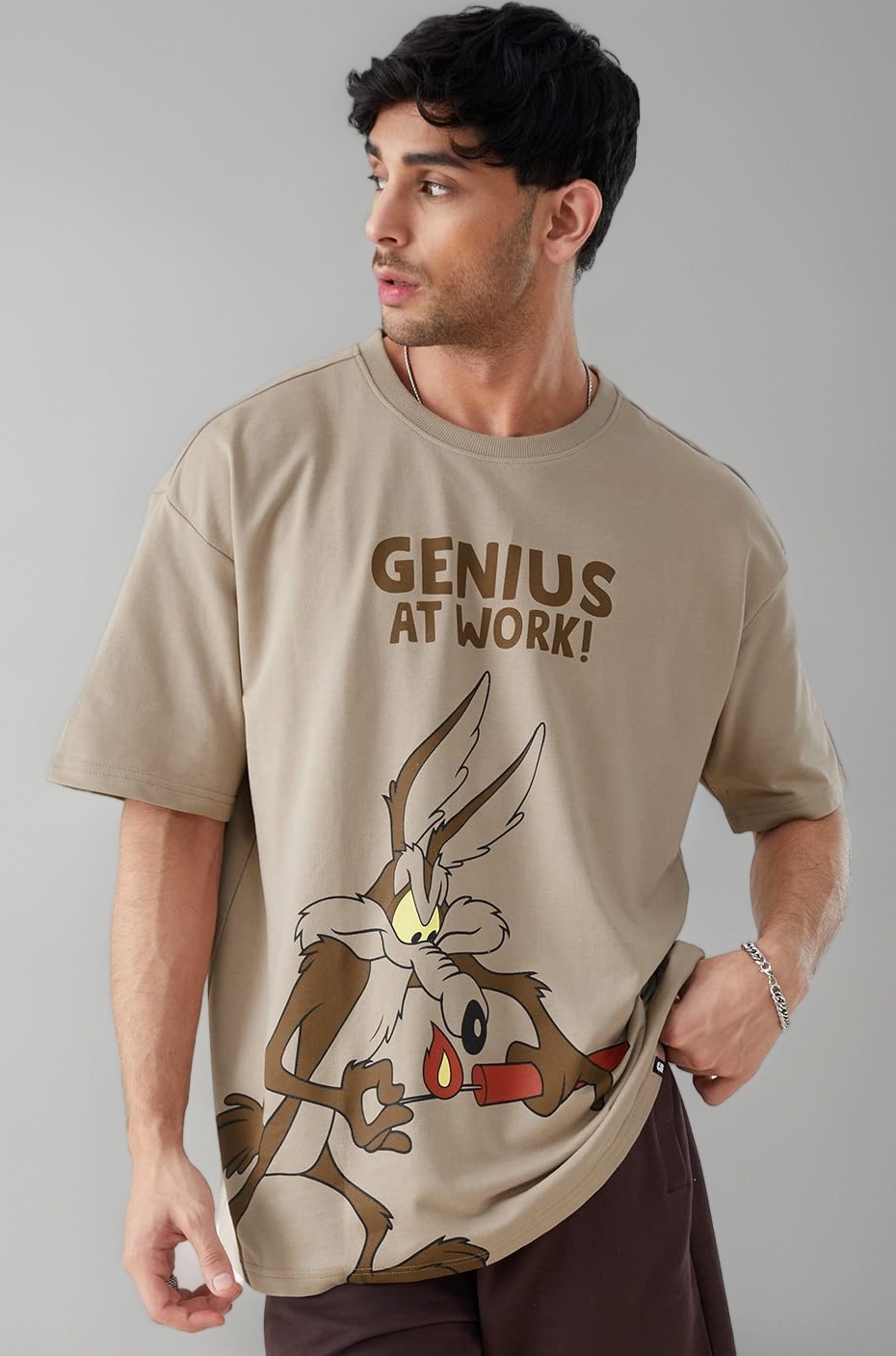 The Souled Store|Official Looney Tunes: Magic Mushroom Mens and Boys Oversized T-Shirts|Half Sleeve|Loose fit Graphic Printed| 80% Cotton 20% Polyester Brown Color Men Oversized T-Shirts