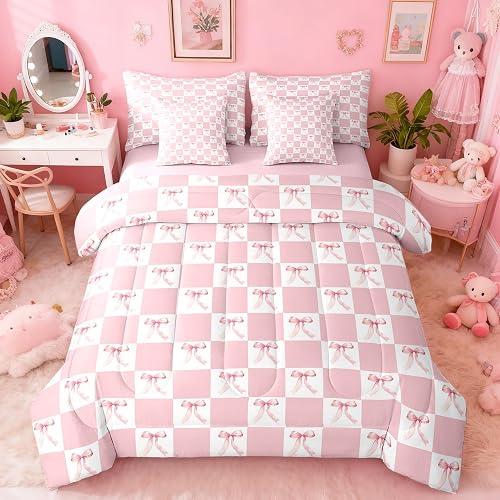 Manfei Pink Bowknot Bed Set in a Bag 7 Pcs,Dreamy Bow-tie Geometric Plaids Patch