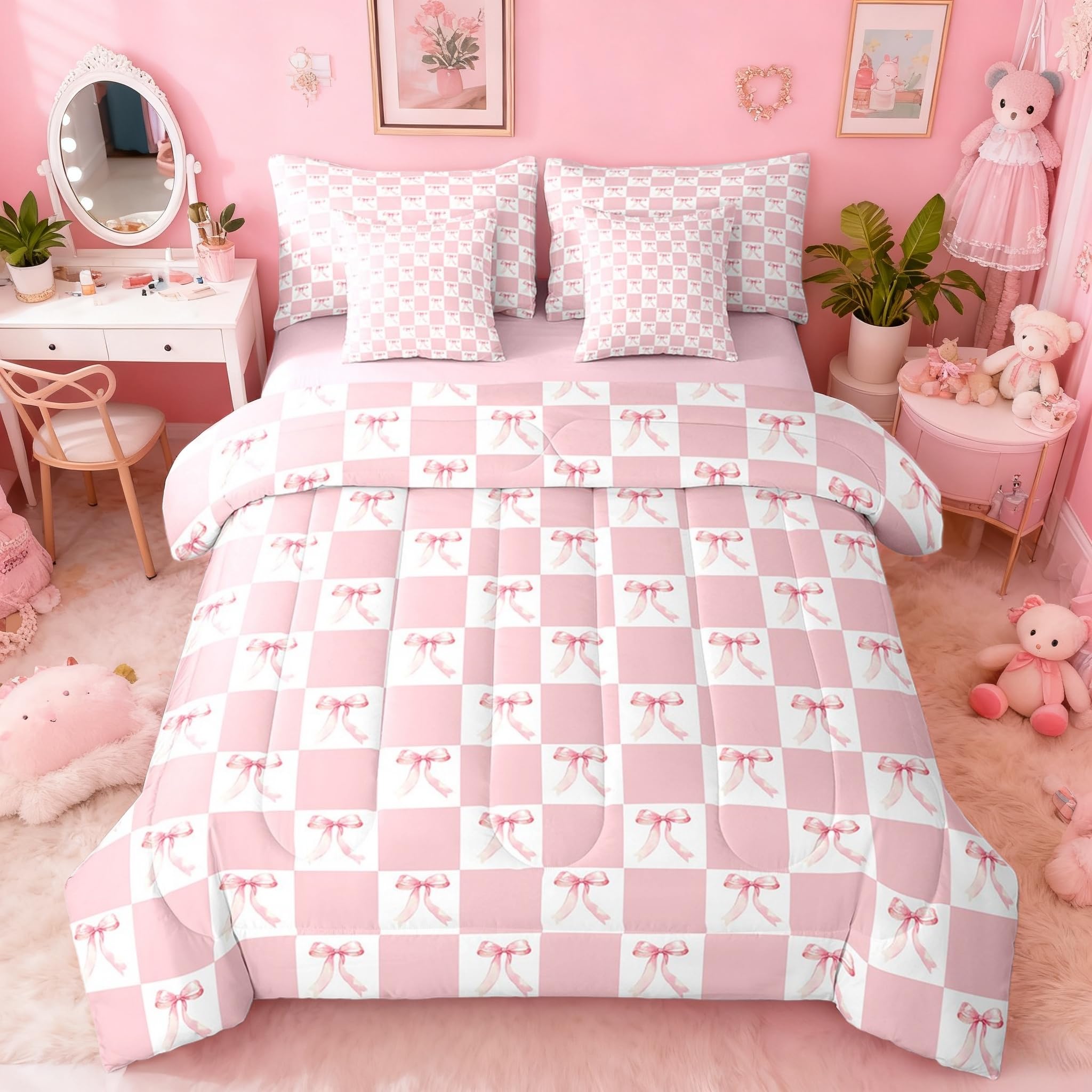 Parure de lit 7 pièces Manfei géométrique rose avec couette