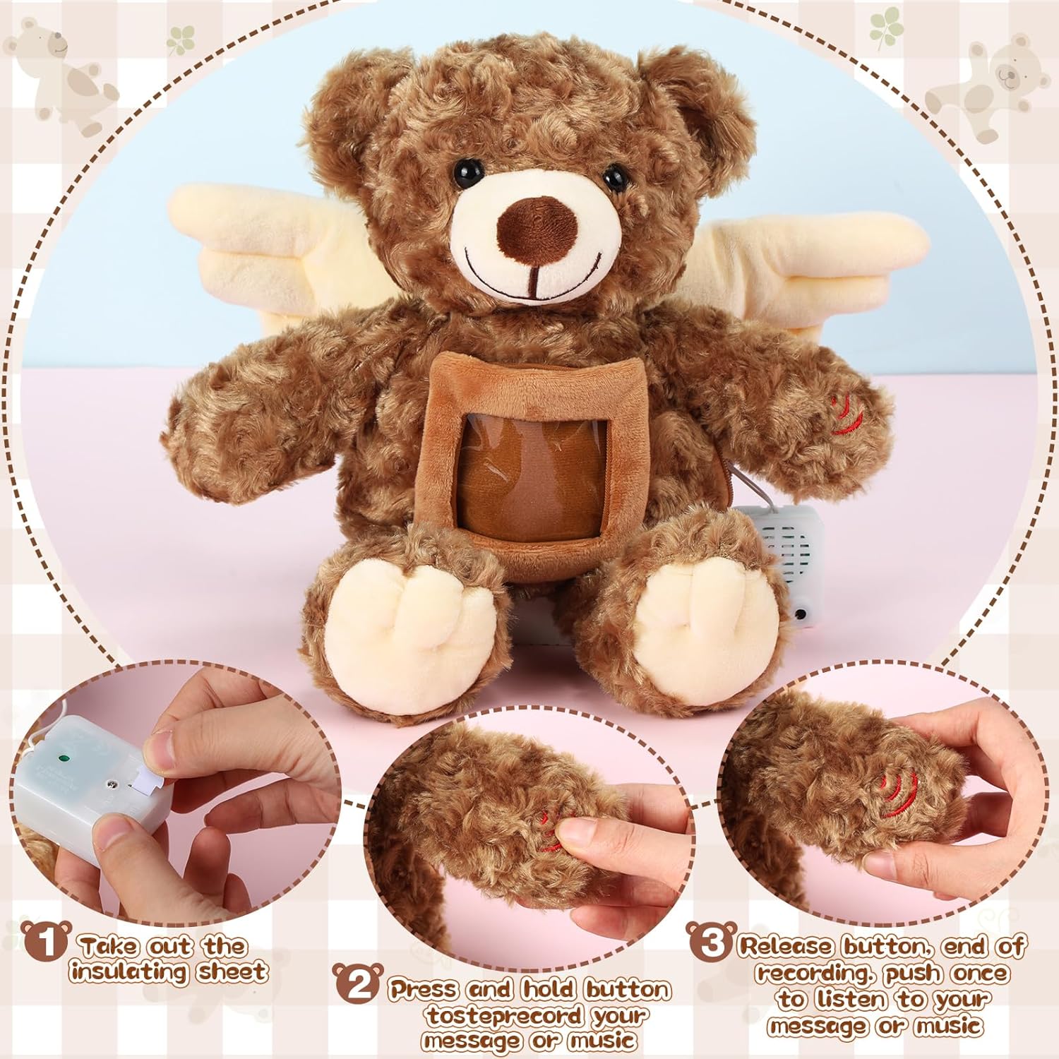 Leyndo 12 Inch Angel Remembrance Bear Plush Stuffed Animal with Recorder Soft Plush Animal Toy with a Picture Frame for Baby Shower Birthday Party Wedding Gift(Dark Brown)