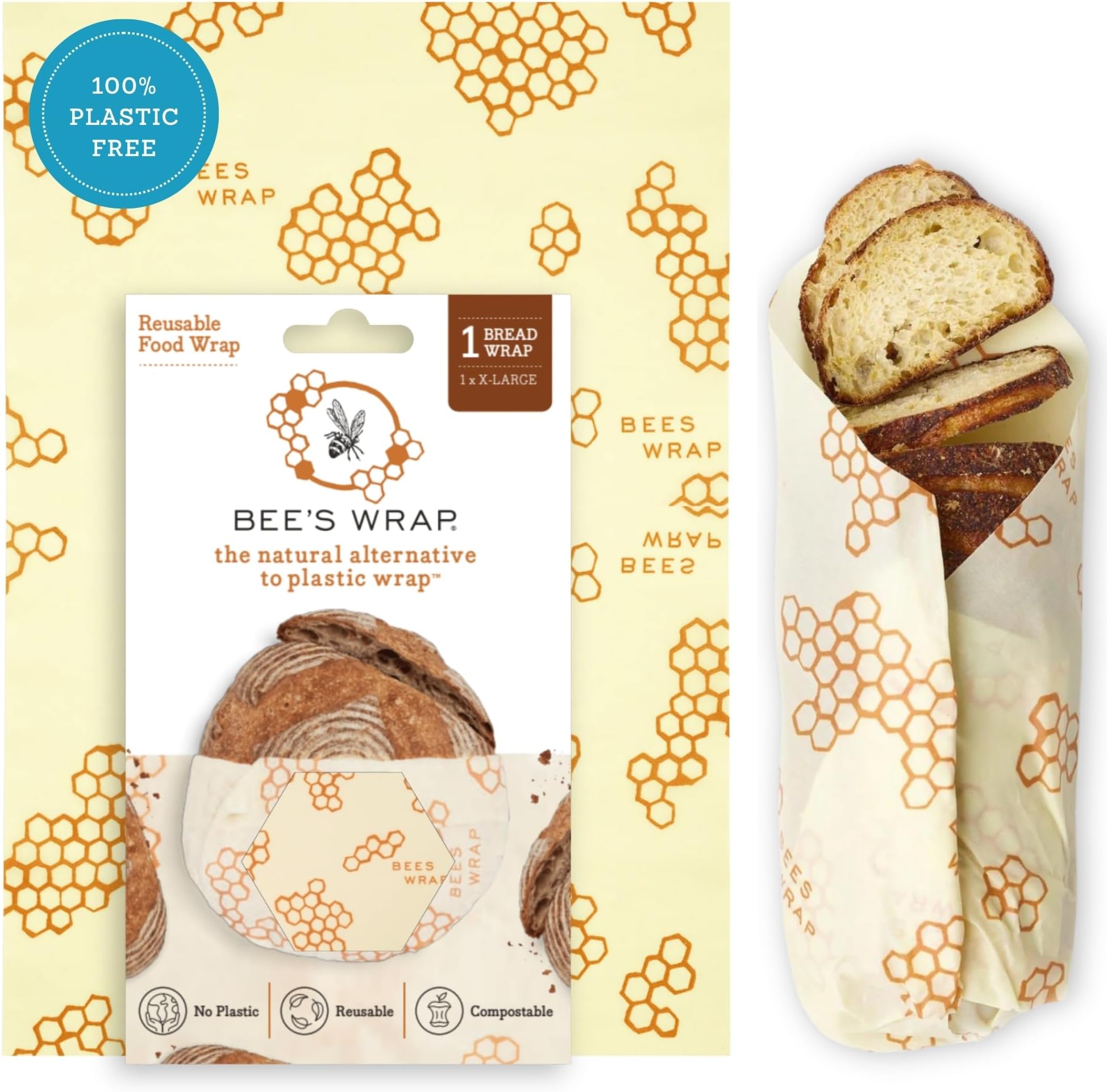 Bee's Wrap Beeswax Wraps for Bread - Beeswax Bread Wrap for Sourdough & Bread Storage - Plastic Free Made in USA Reusable Natural Food Wrap - Honeycomb