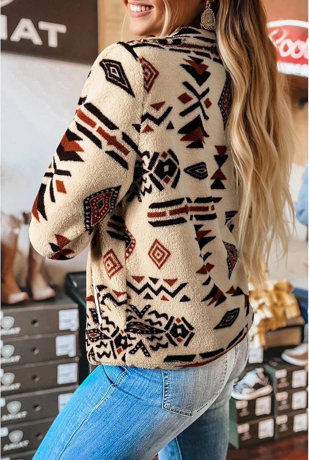 SELINK Womens Western Aztec Sweatshirt Half Placket Plush Casual Ethnic Tribal Fleece Long Sleeve Pullover Tops - Image 2