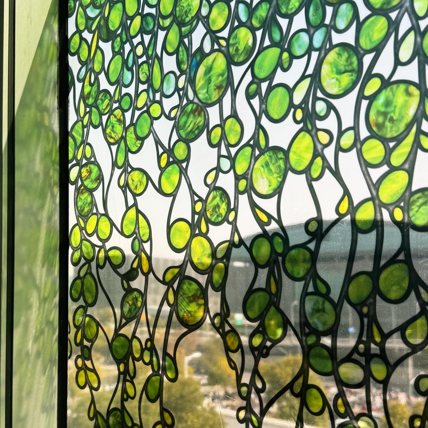 Original Hand Drawn Faux Stained Glass Window Hanging Clings，Double Sided See Through Green Window Film Floral for Living Room,Glass Front Door,Green Pearl Vine 22.83"X51.18"