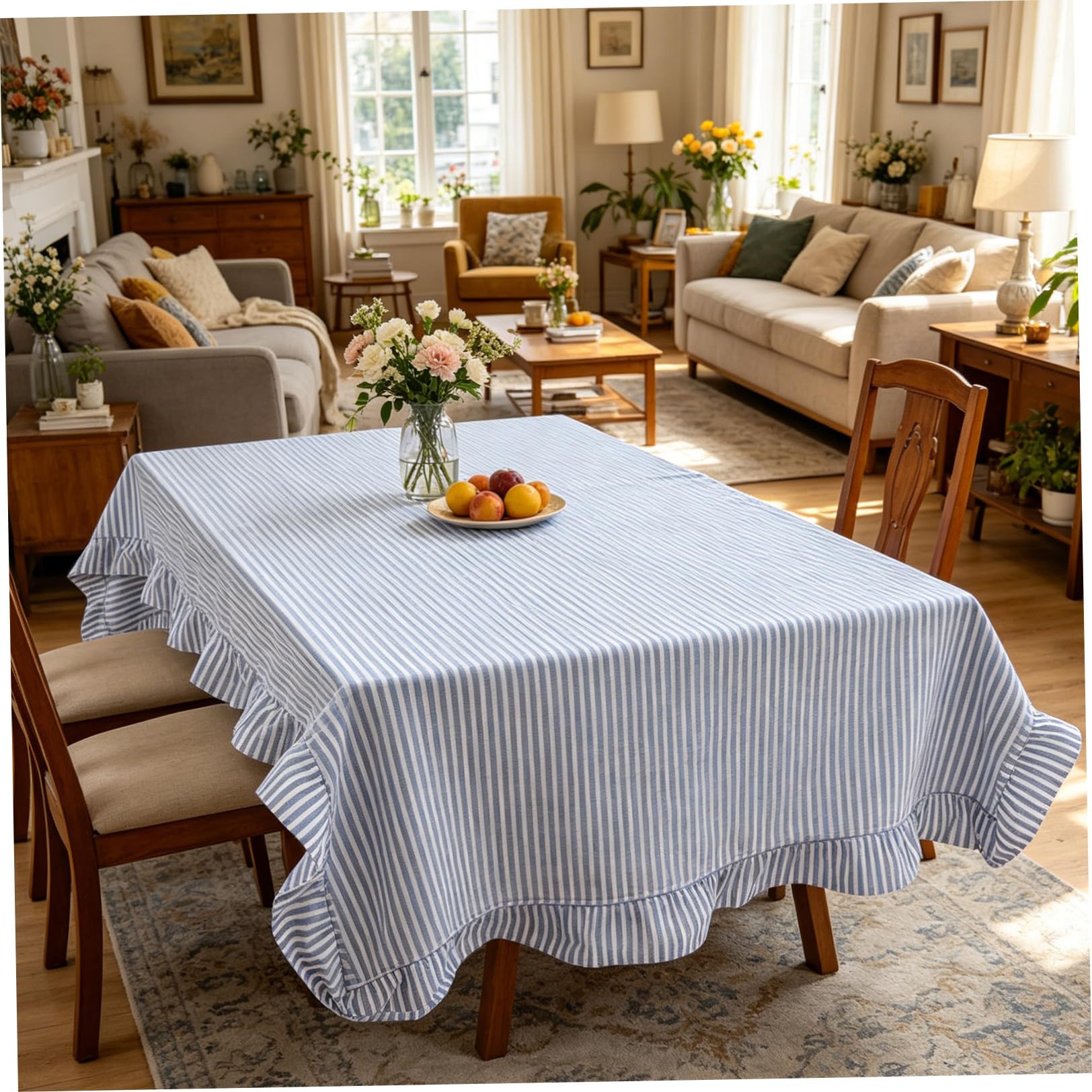 Mantel Lavable y Resistente al Desvanecimiento 60x120 Pulgadas Estilo Granja de Algodón Volantes Azul y Blanco para Mesa Rectangular Adecuado para Comedor y Fiestas