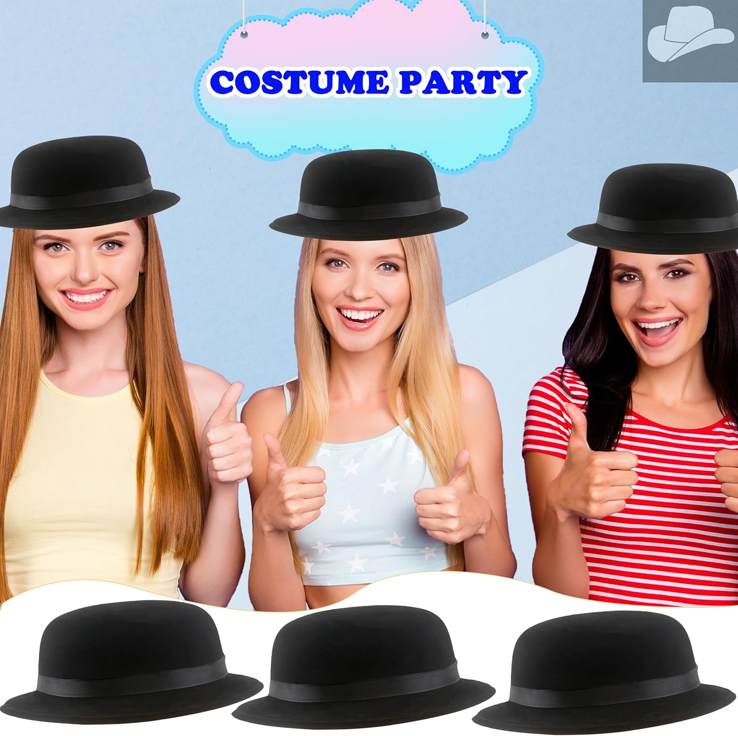 20 Pack Plastic Derby Bowler Hats Bulk Black Bowler Hat Deluxe Costume Hat for Adult Kids Dress up Costumes Party - Image 4