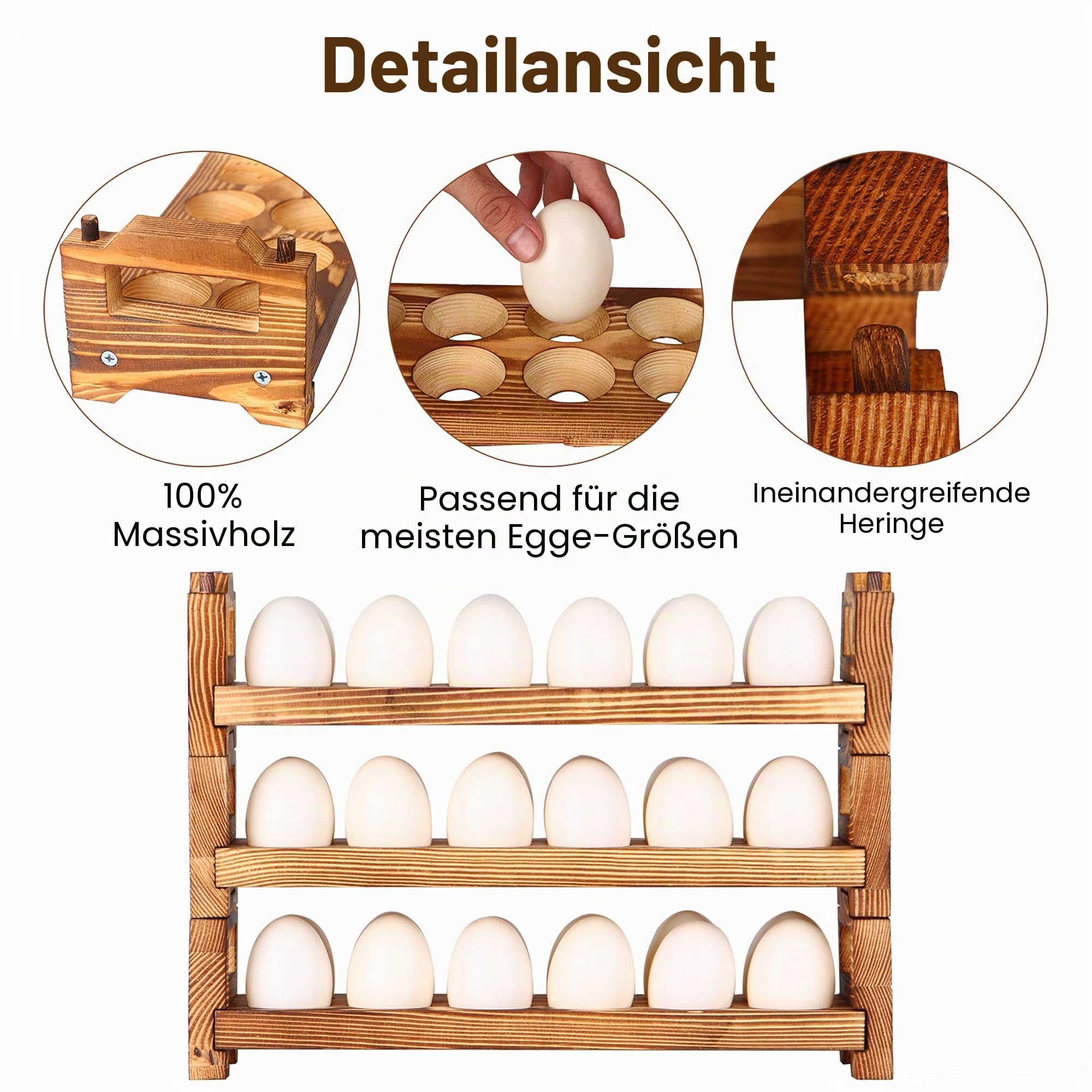 CVHOMEDECO. Holz Eierhalter, frische Eierhalter, Arbeitsplatte, Brennholz Eiersammelregal zum Sammeln von frischen Eiern, stapelbar mit 36 Eiern, Organizer für Zuhause und Küche, 3er Set