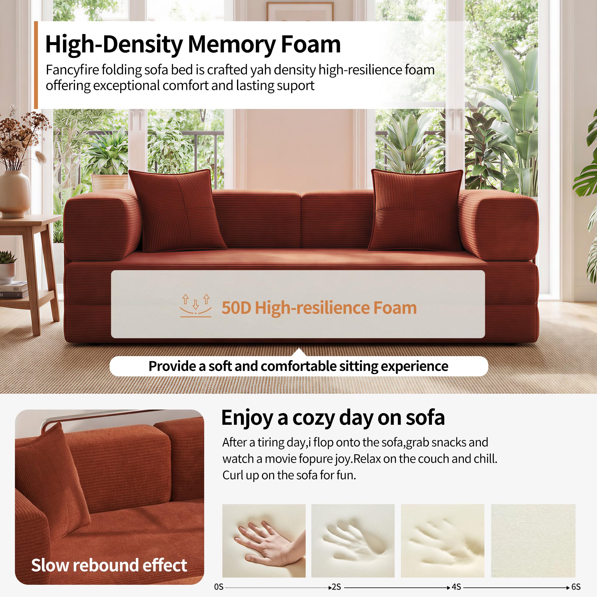 78.8" Boneless Couch for Living Room, Futon Sleeper Sofa Bed | Convertible Sofa Bed, Corduroy Pull Out Couch Loveseat with Storage Pocket, Modular Design, No Assembly, Orange