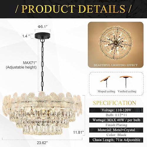 Miniatura 2 de 11 lámparas modernas de cristal de 24 pulgadas, 6 niveles, color negro, lámpara de araña de lujo para sala de estar, comedor, cocina, entrada,