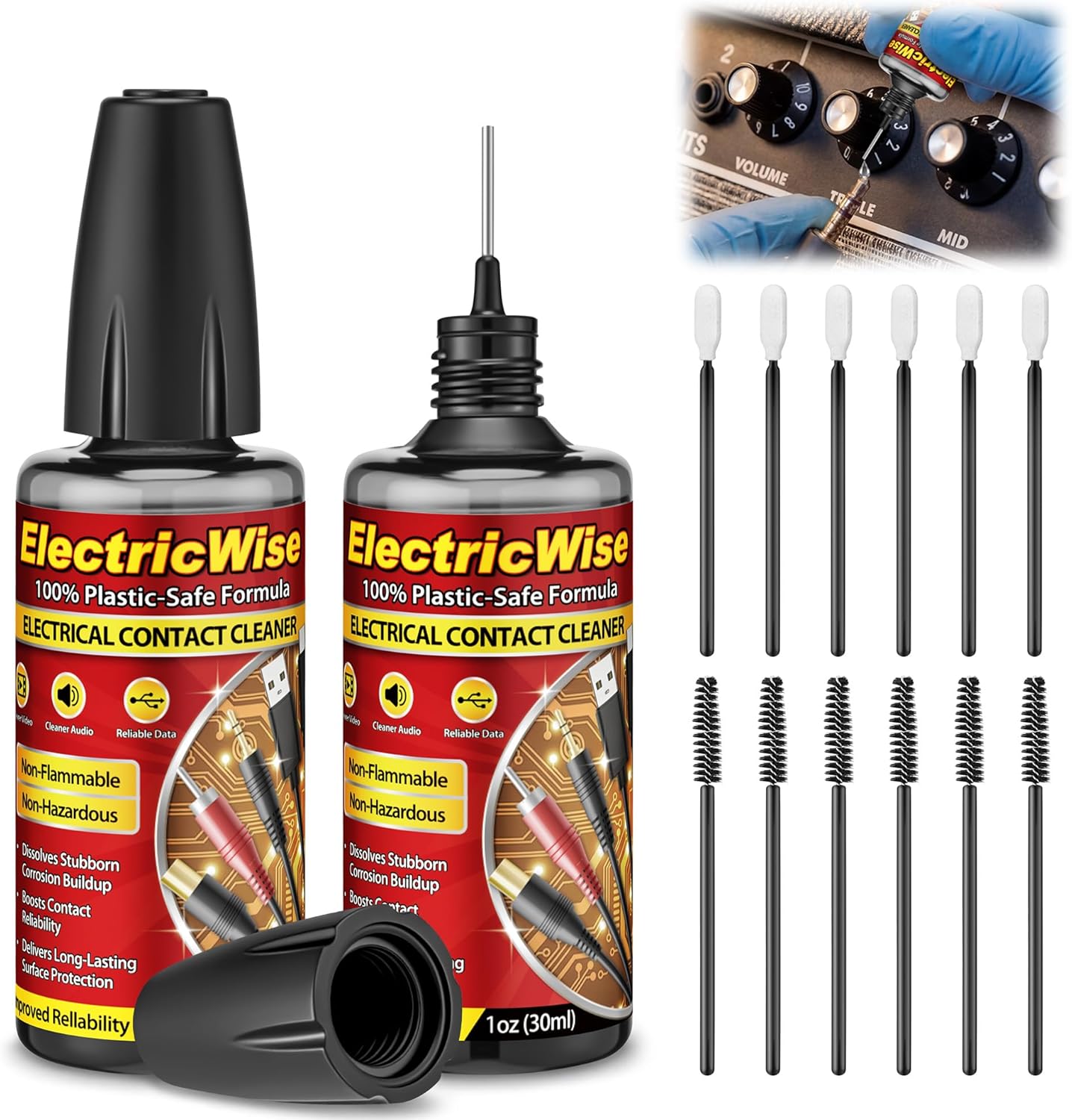 2 Pack 1 oz Electronic Contact Cleaner with Precision Needle Applicator, Brushes & Swabs, Cleans Deoxidizes Lubricates Protects, Improves Conductivity for Electrical, Audio & Connectors